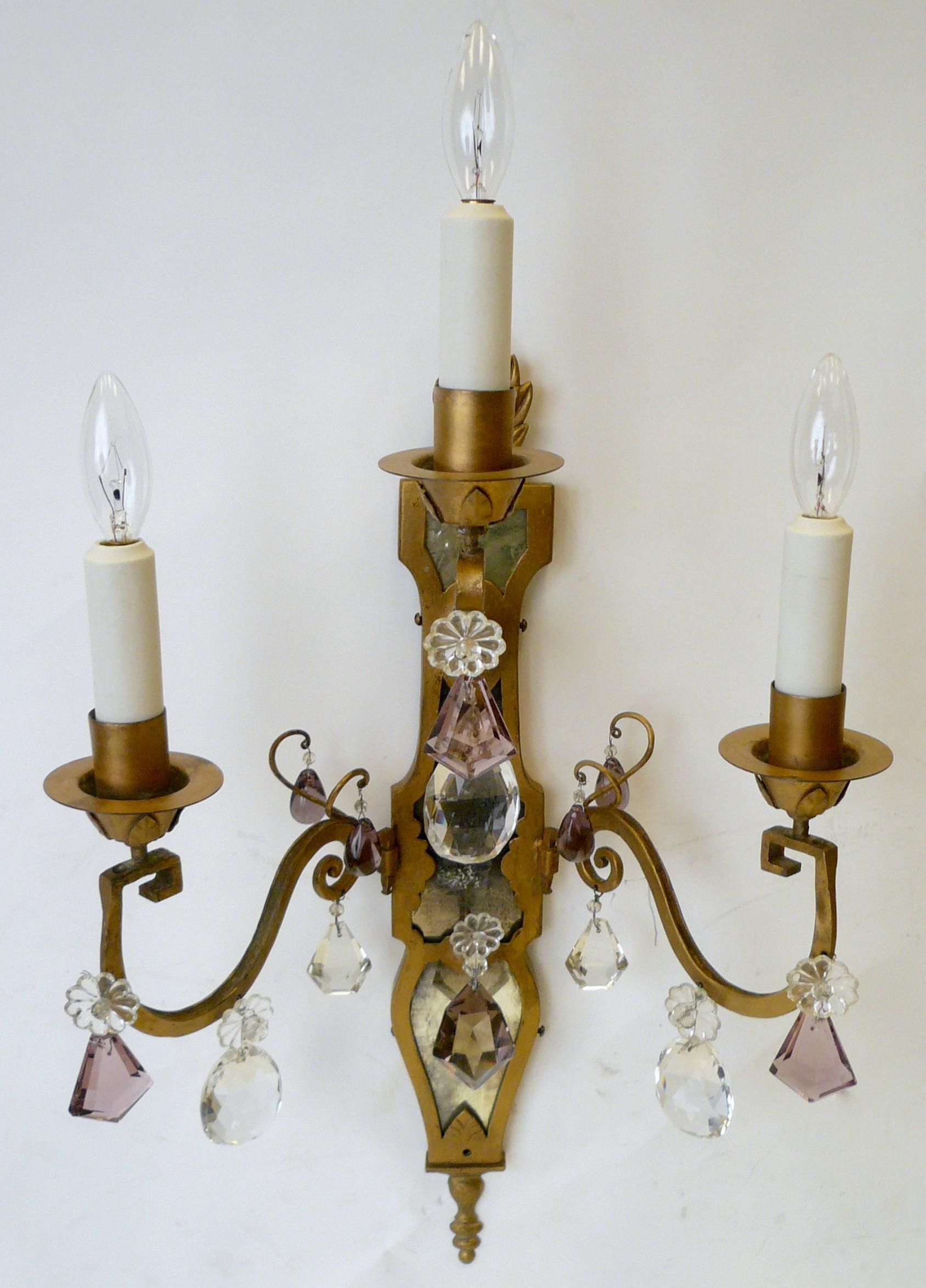 Pair of E. F. Caldwell Gilt Wrought Iron, Mirror and Crystal Sconces For Sale 3