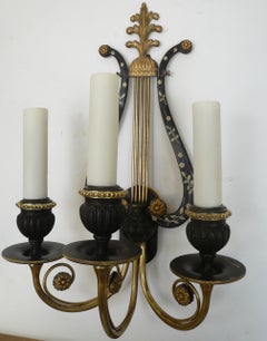 Pair of E. F. Caldwell Lyre Form Bronze Sconces