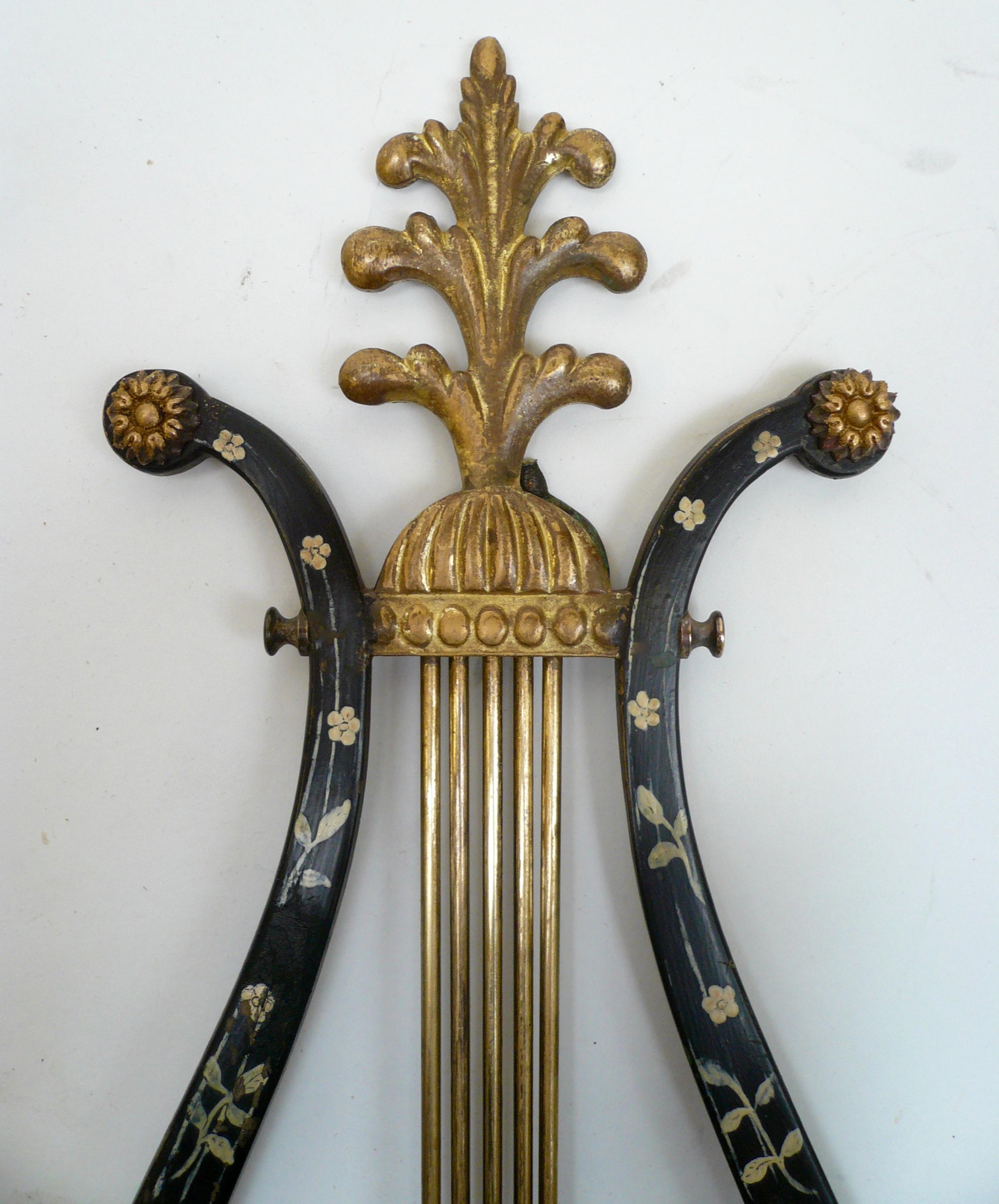 Neoclassical Pair of E. F. Caldwell Lyre Form Bronze Sconces For Sale