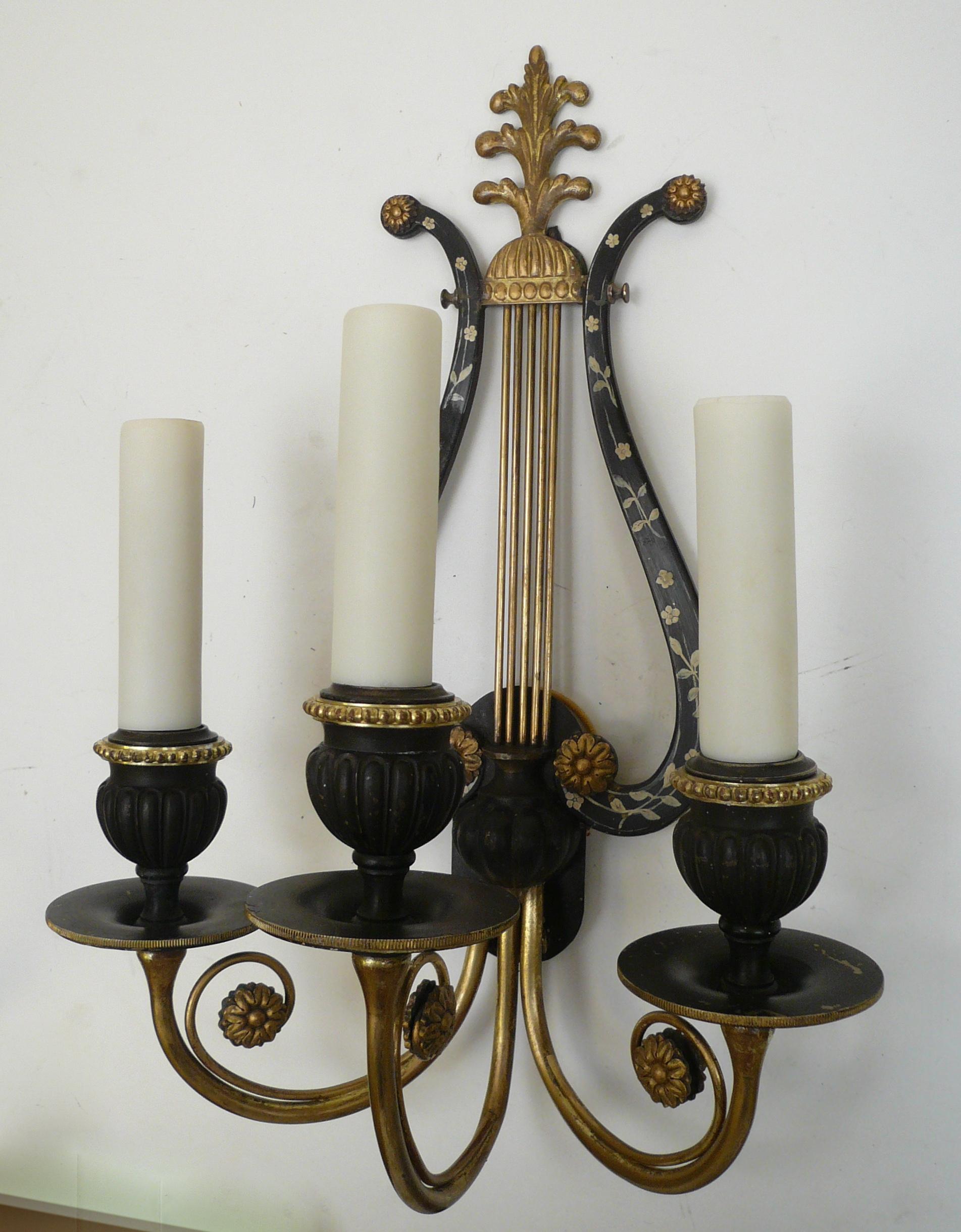 American Pair of E. F. Caldwell Lyre Form Bronze Sconces For Sale