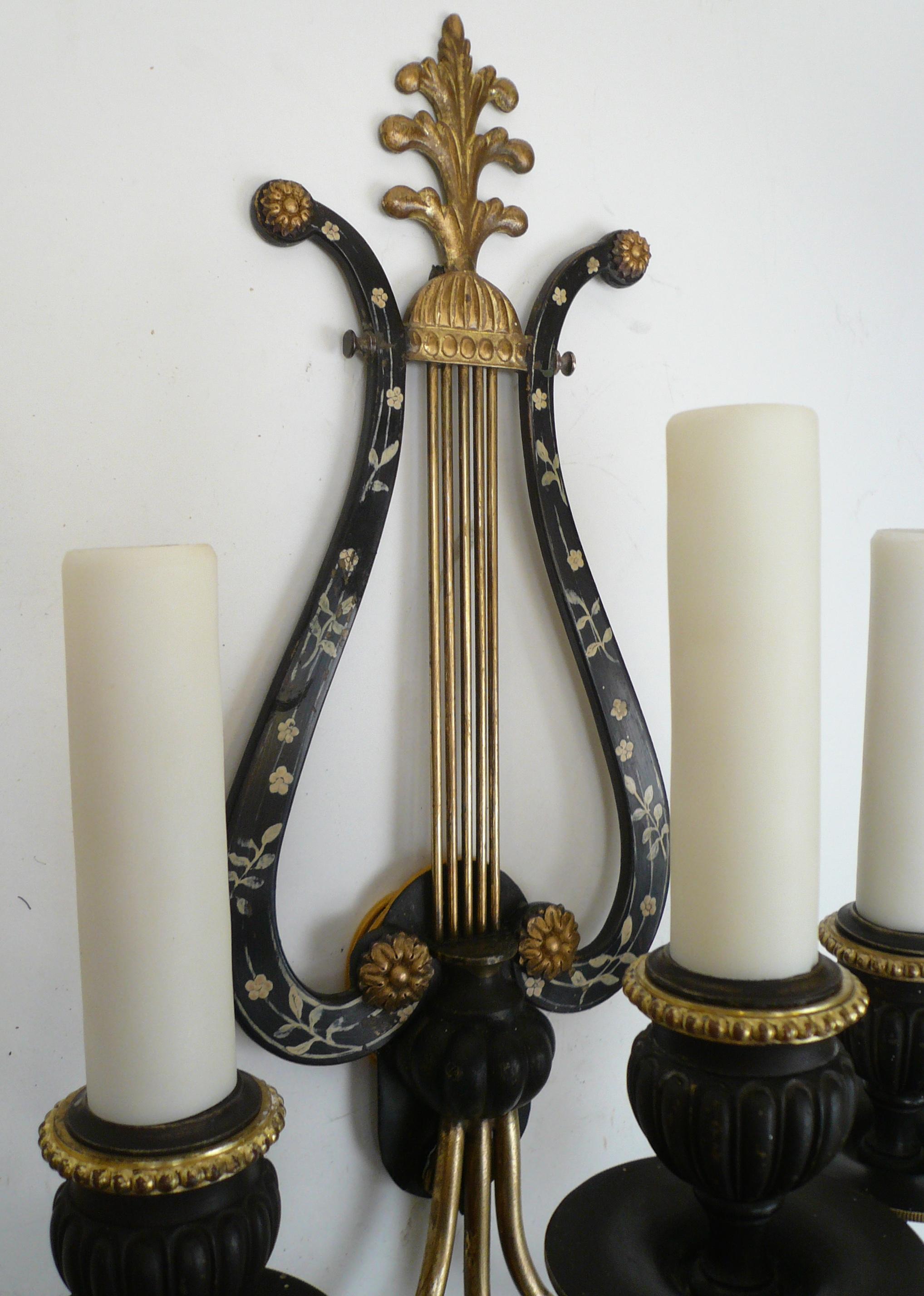 Pair of E. F. Caldwell Lyre Form Bronze Sconces In Good Condition For Sale In Pittsburgh, PA