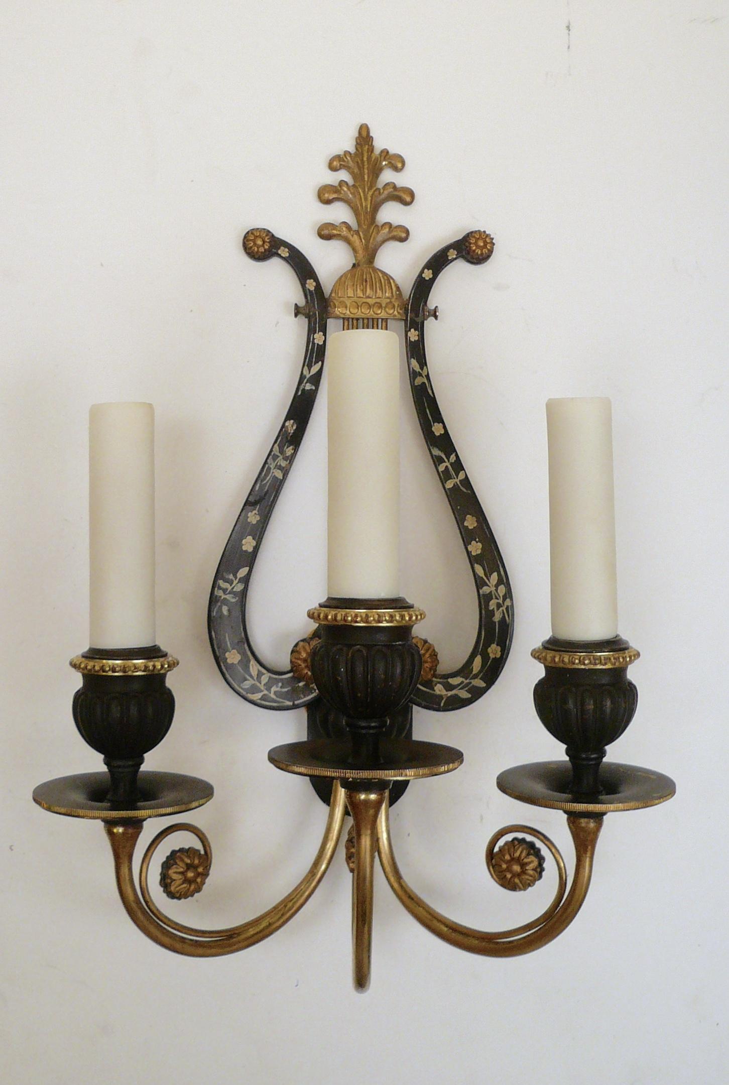 20th Century Pair of E. F. Caldwell Lyre Form Bronze Sconces For Sale