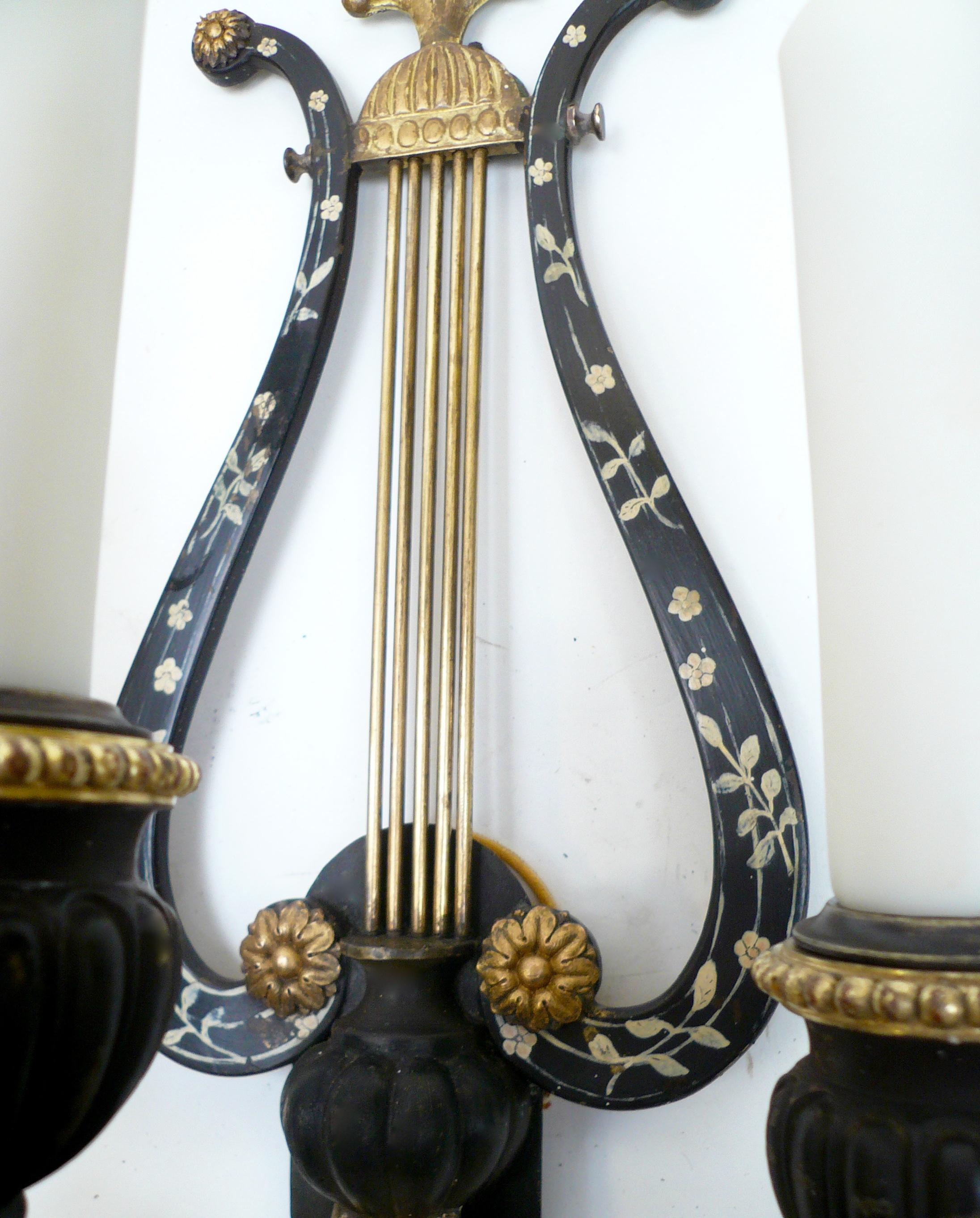 Pair of E. F. Caldwell Lyre Form Bronze Sconces For Sale 1