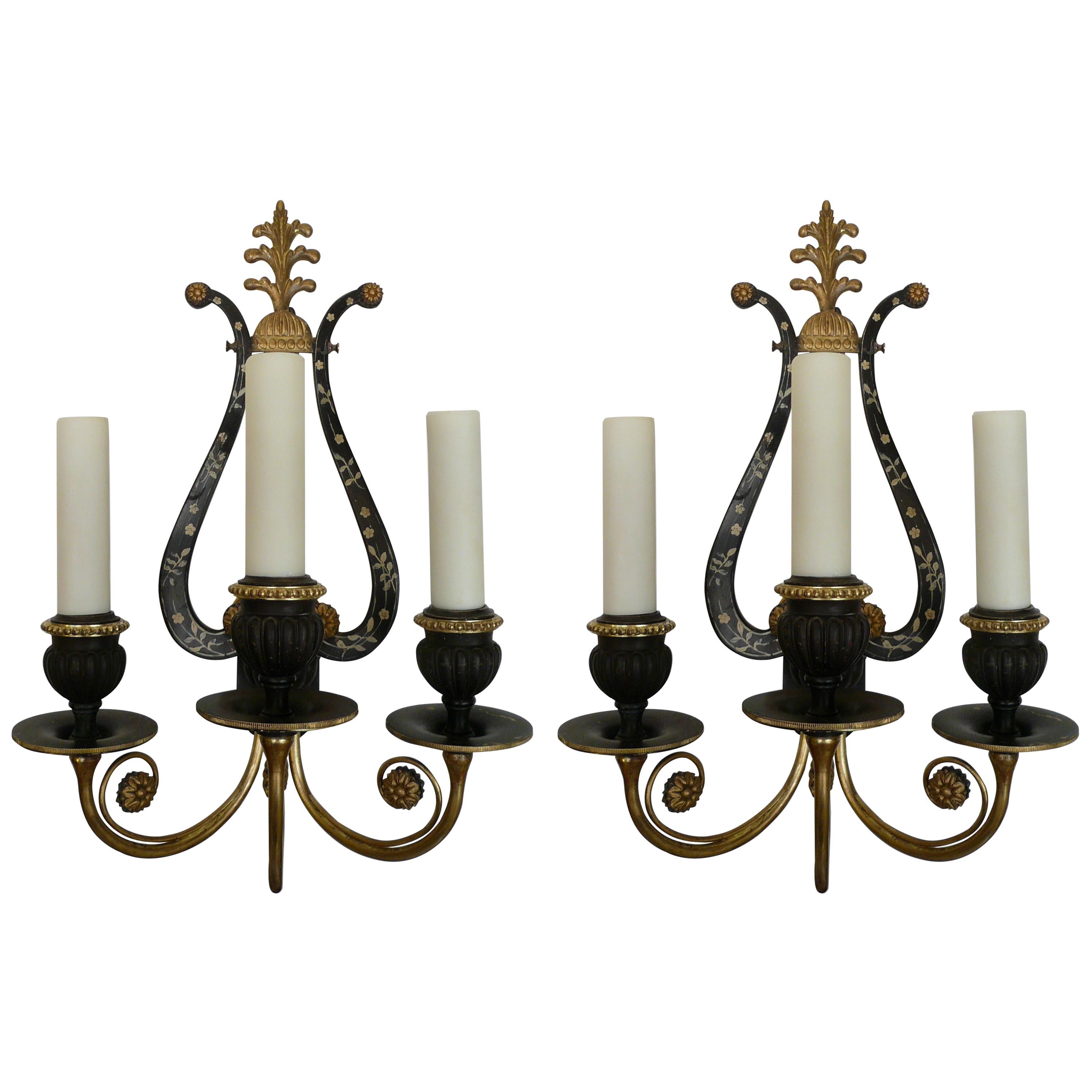 Pair of E. F. Caldwell Lyre Form Bronze Sconces For Sale