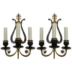 Pair of E. F. Caldwell Lyre Form Bronze Sconces