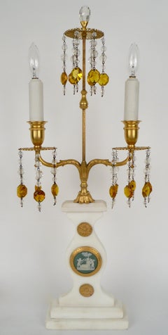 Pair E. F. Caldwell Marble, Bronze, and Wedgwood Candelabra form Lamps