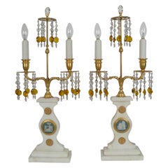 Pair E. F. Caldwell Marble, Bronze, and Wedgwood Candelabra form Lamps