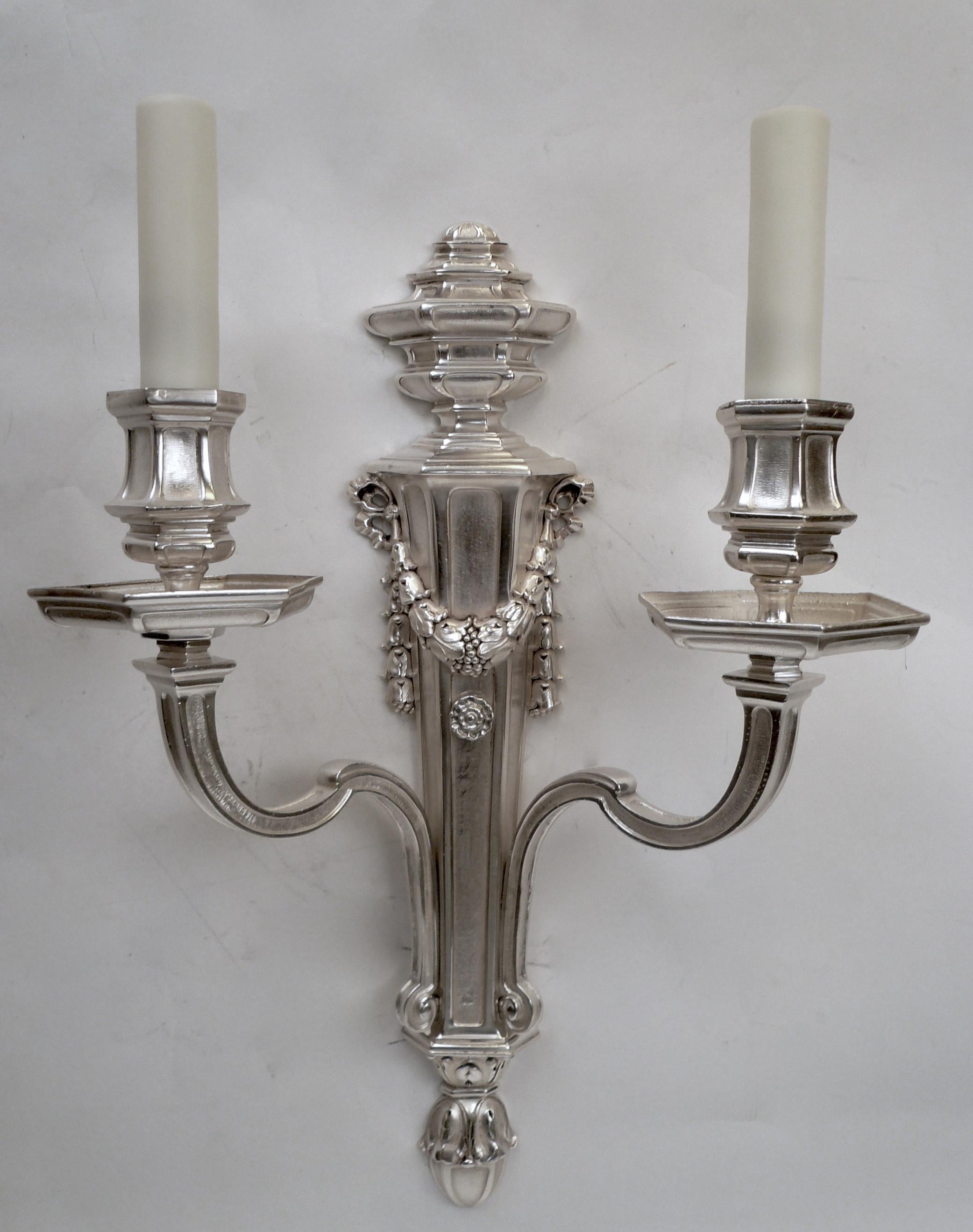 Pair of E. F. Caldwell Silvered Bronze Two-Light Georgian Style Sconces For Sale 5