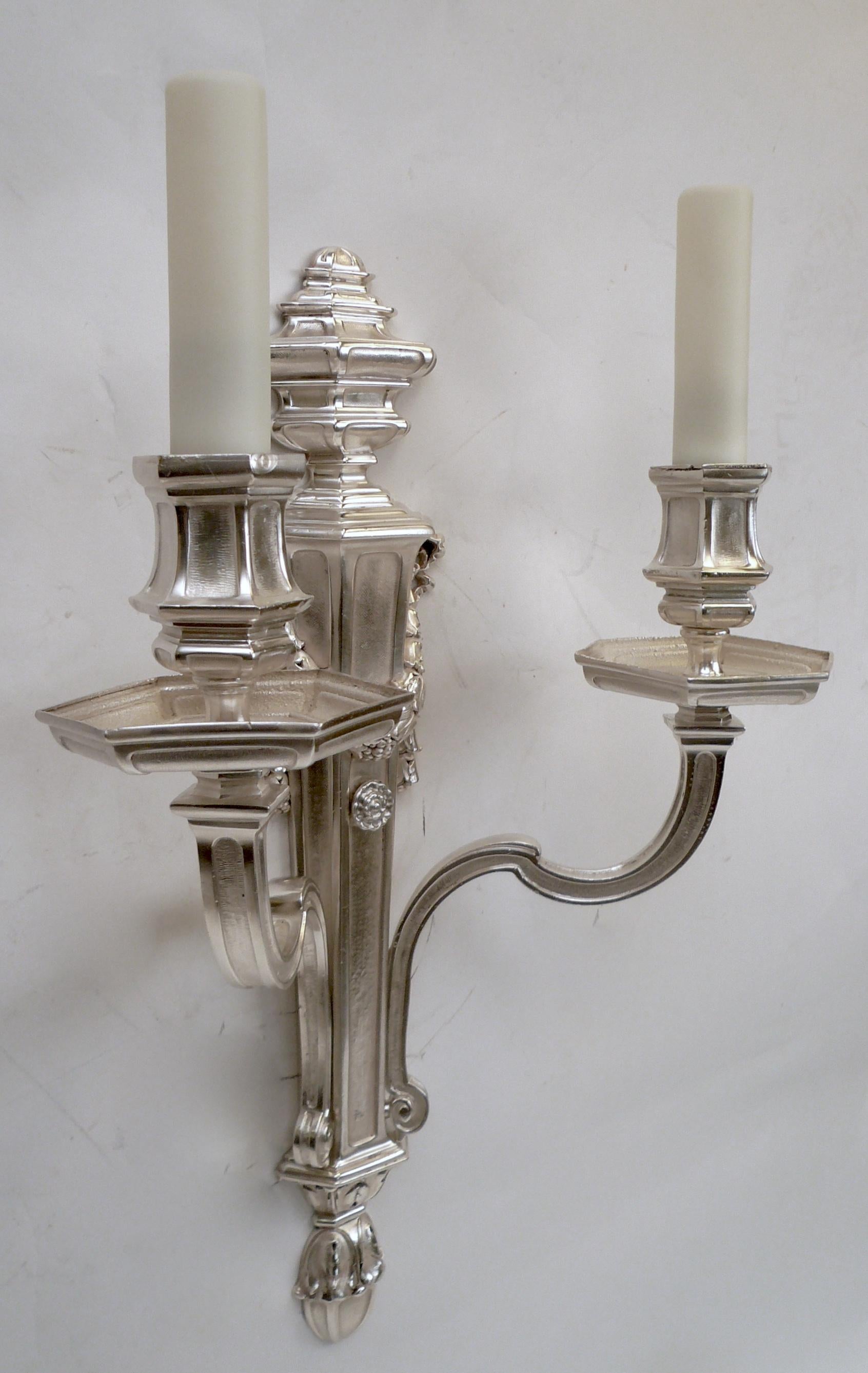 Pair of E. F. Caldwell Silvered Bronze Two-Light Georgian Style Sconces For Sale 7