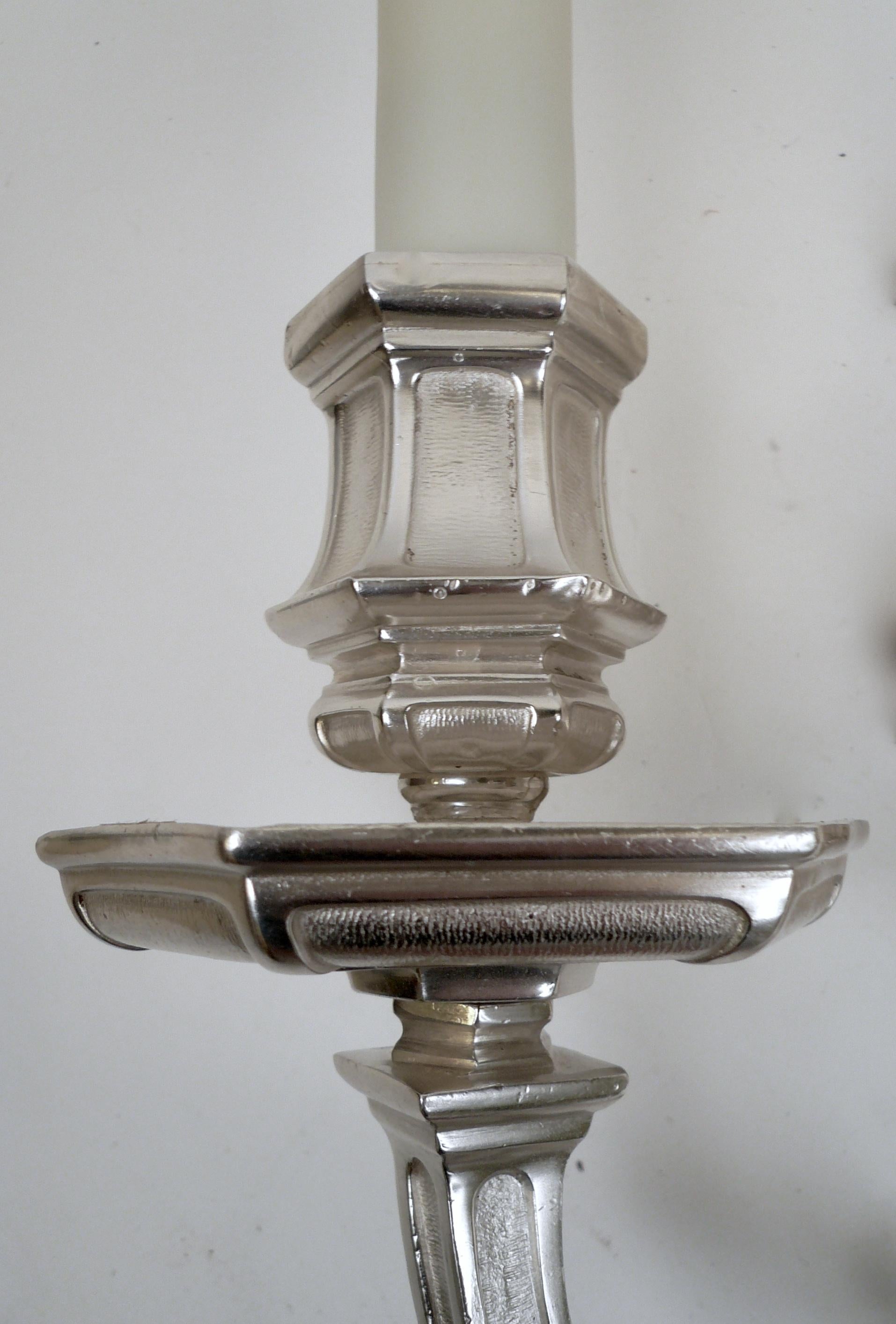 20th Century Pair of E. F. Caldwell Silvered Bronze Two-Light Georgian Style Sconces For Sale