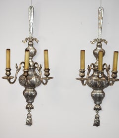 A Pair of Silvered Three Arm Sconces by E. F. Caldwel, 42" High