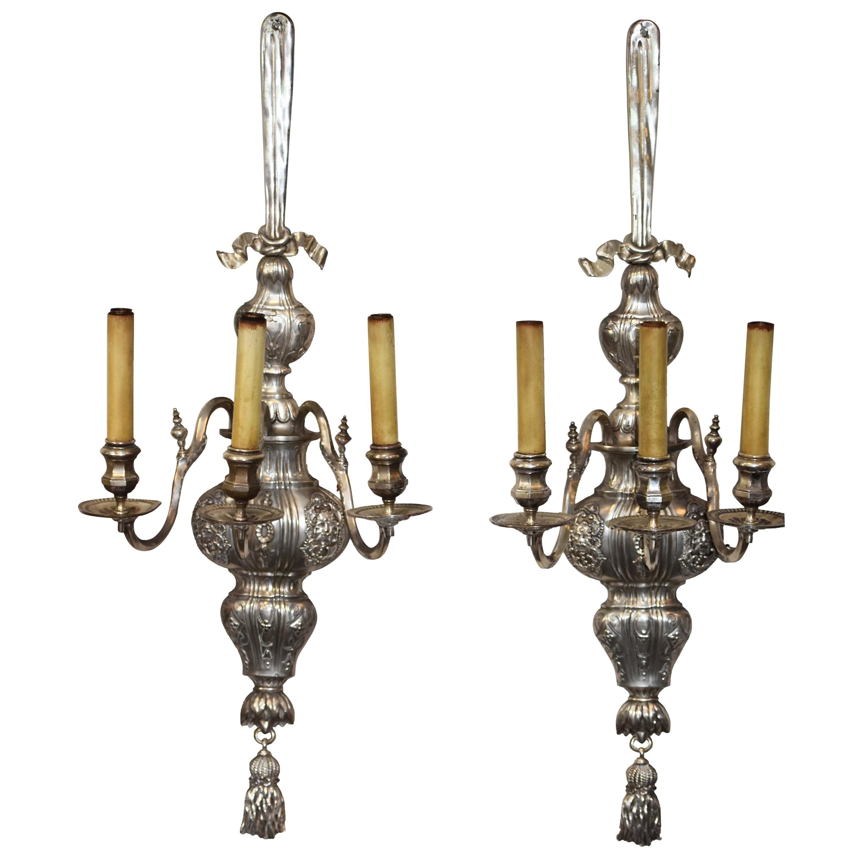 A Pair of Silvered Three Arm Sconces by E. F. Caldwel, 42" High For Sale