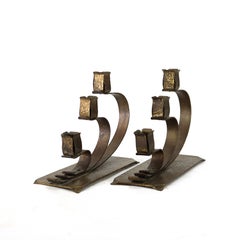 Pair E. T. C. Fish attr. Arts & Crafts Hammered Brass 3-Light Candelabra