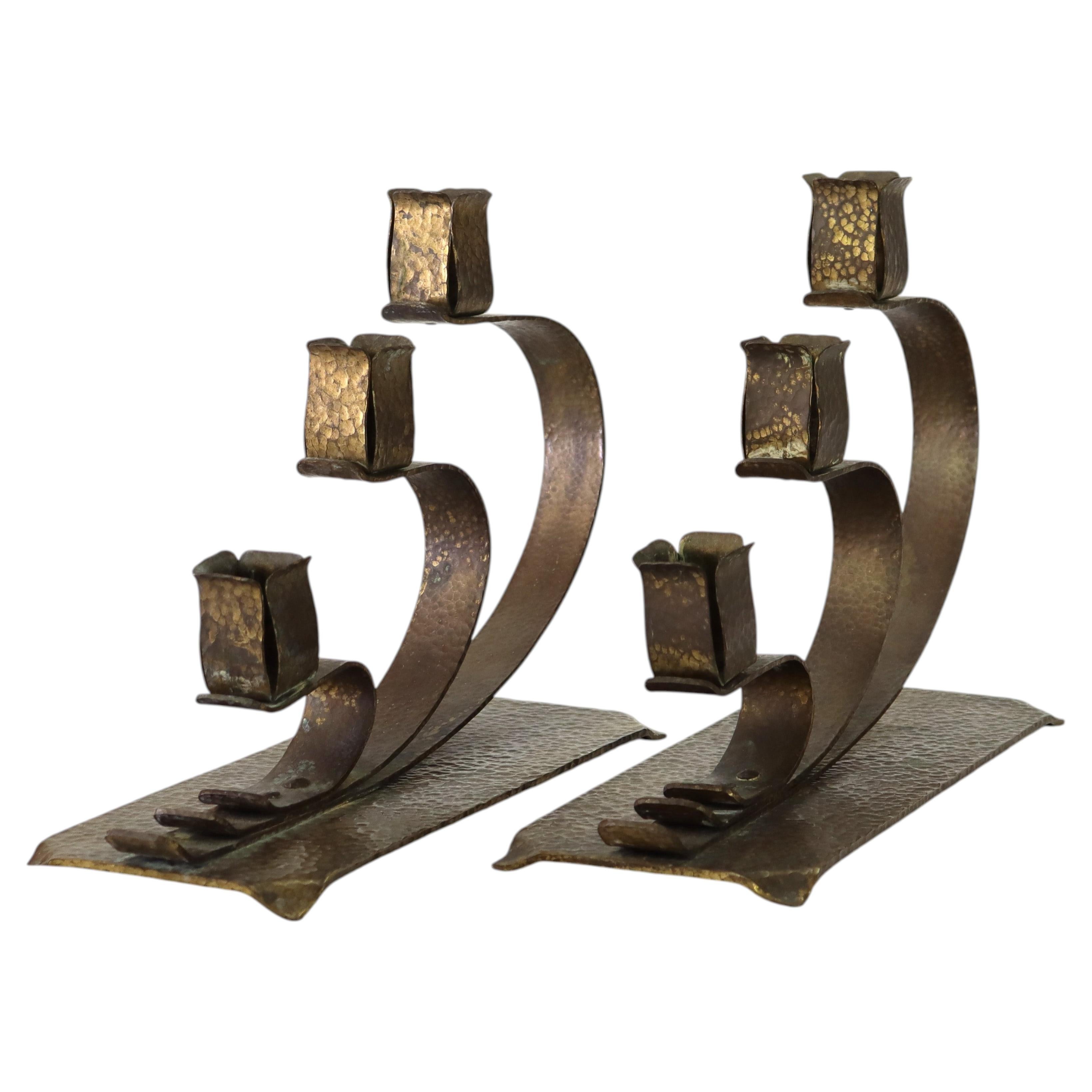 Pair E. T. C. Fish attr. Arts & Crafts Hammered Brass 3-Light Candelabra For Sale