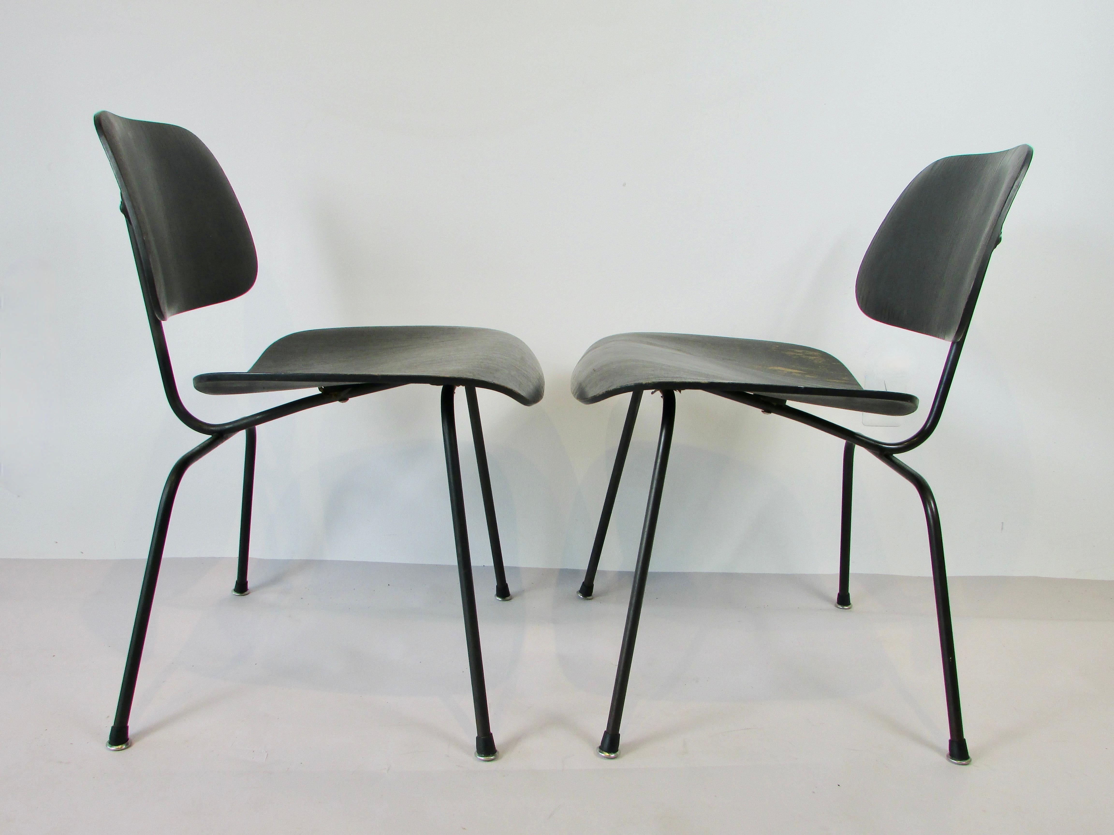 Pair Eames DCM in Worn Original Ebonized Finish For Sale 5