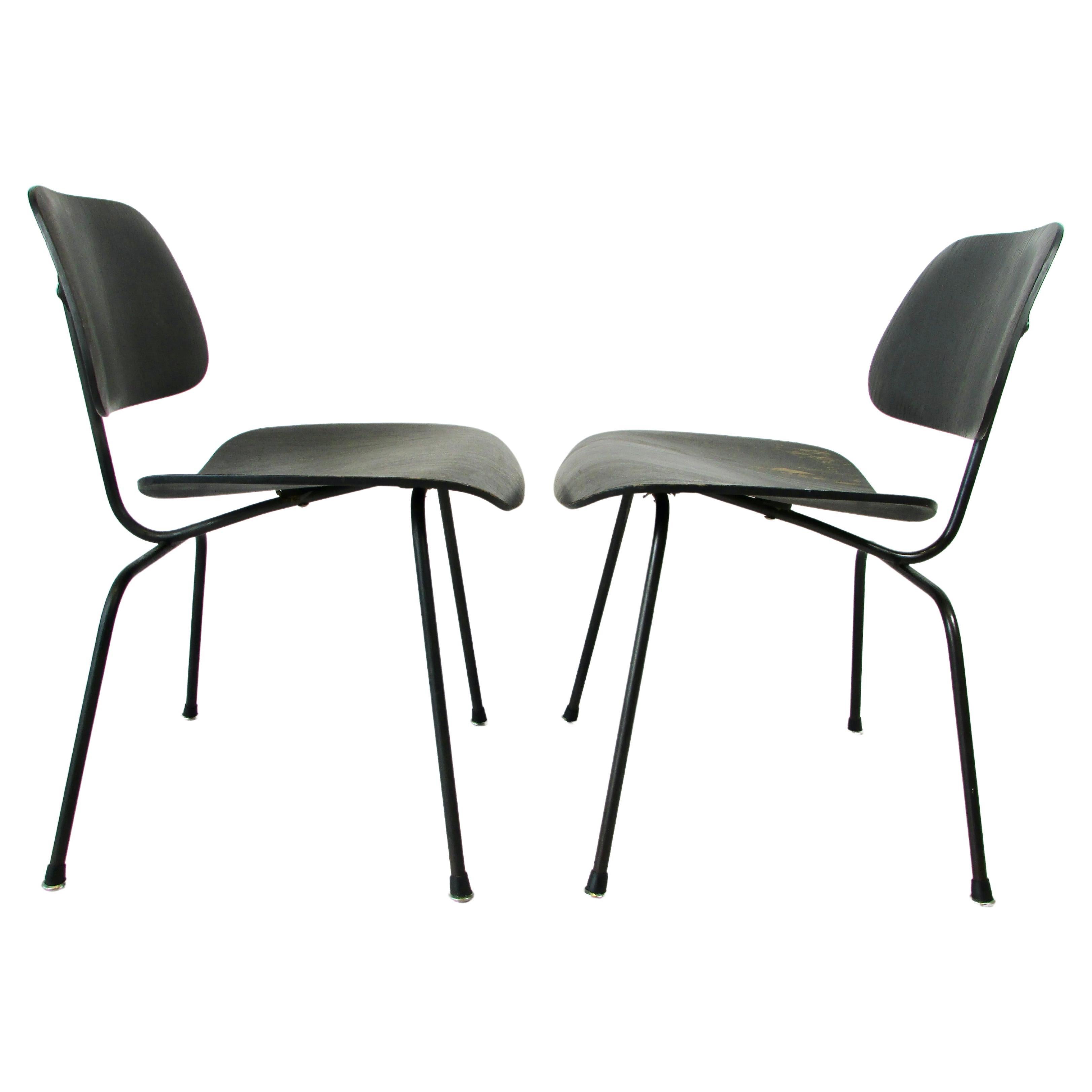 Pair Eames DCM in Worn Original Ebonized Finish For Sale