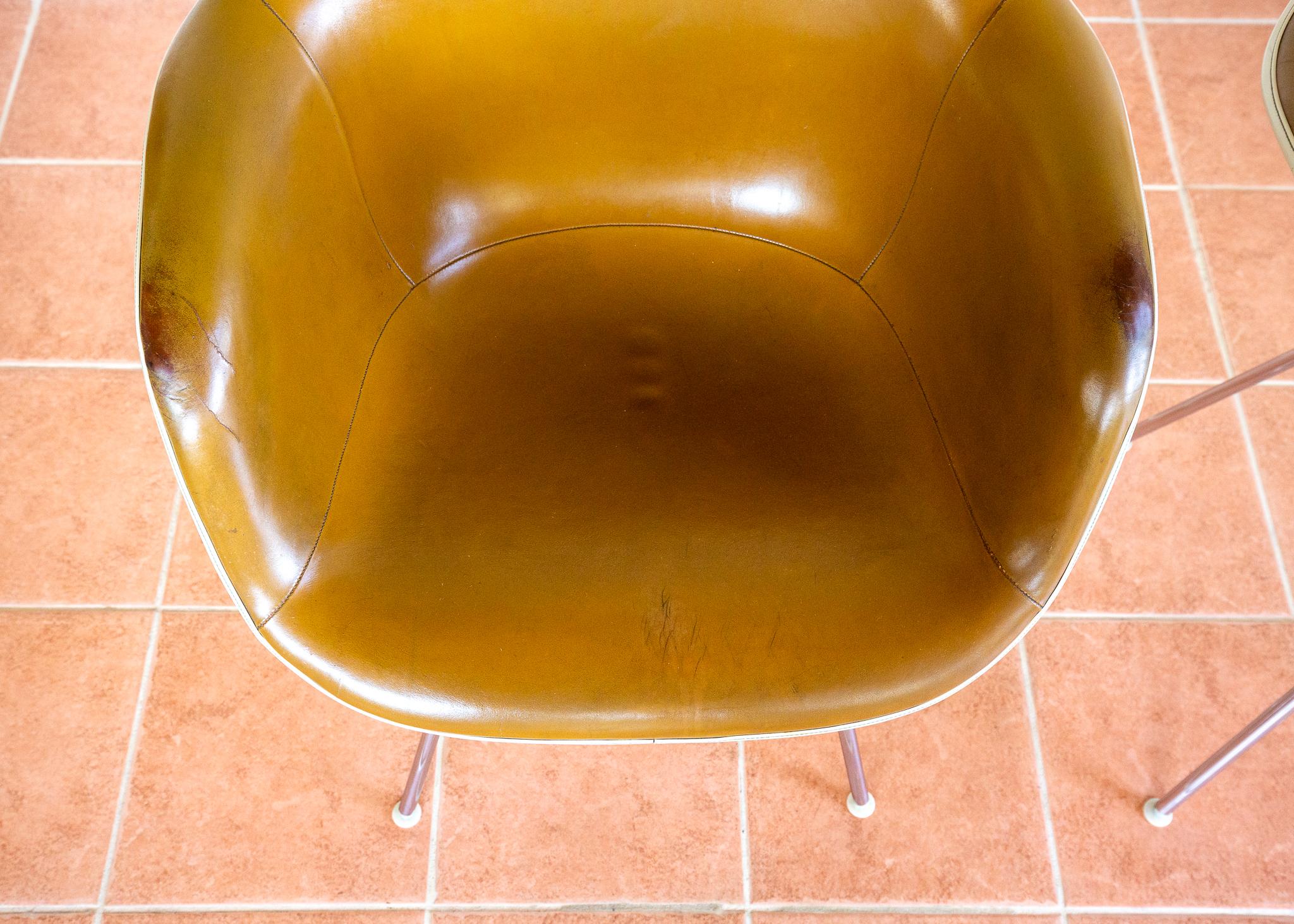Pair Eames Herman Miller DAX Leather Armchairs 1960s MCM Rope Edge Shell Bucket im Angebot 11