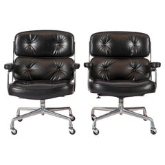 Pair Eames Herman Miller Time Life Black Leather Office Chairs 1980s