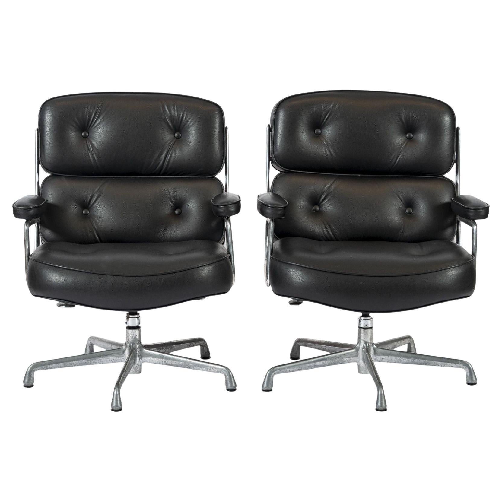 Pair Eames Herman Miller Time Life Black Leather Office Chairs
