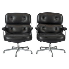 Pair Eames Herman Miller Time Life Black Leather Office Chairs
