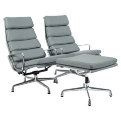 Pair Eames Soft Pad Recliners with Ottoman for Herman Miller, Gray Leather