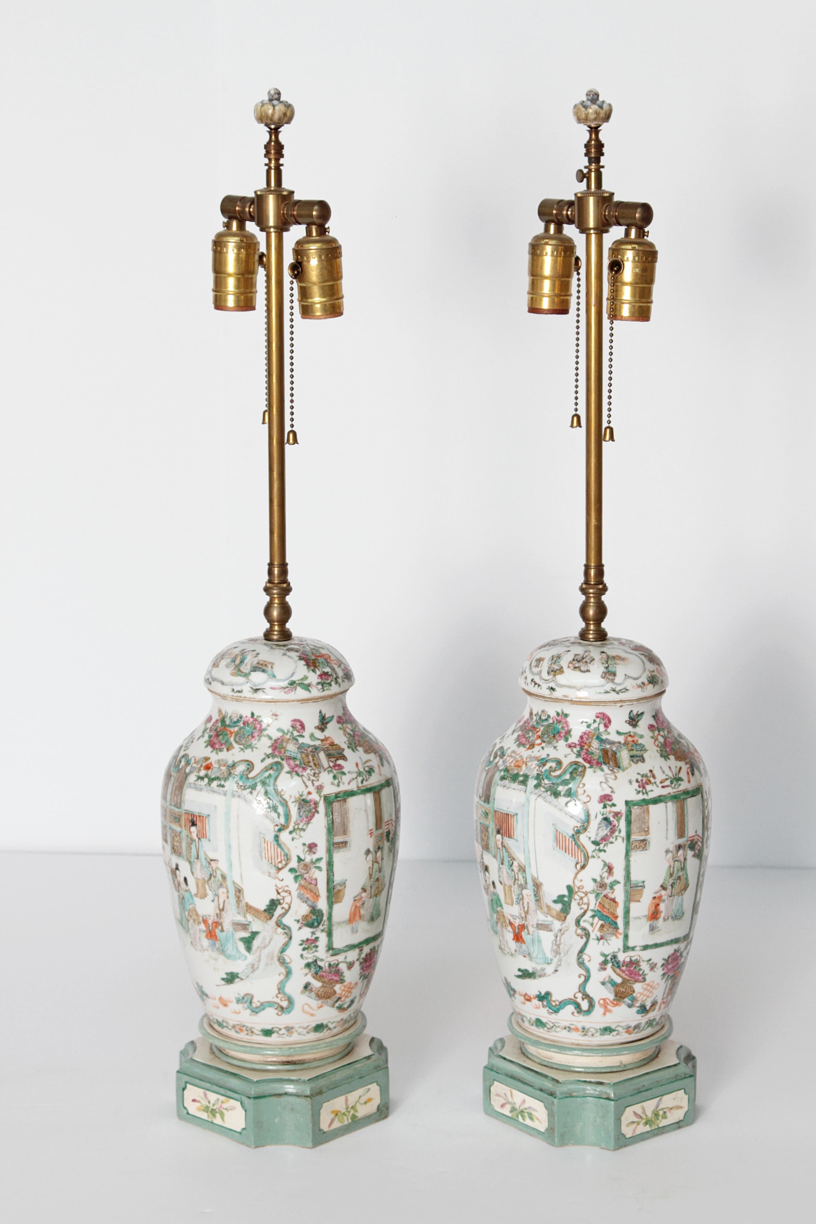 Hand-Painted Pair of Early 19th Century Chinese Porcelain Lidded Jars as Lamps