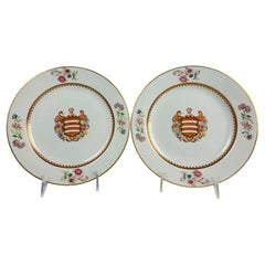 Antique Pair, Early 19th Century Davenport Armorial Porcelain 9" Plates