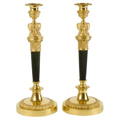 Pair Early 19th Century Empire Female Busts Gilt Patinated Bronze Candlesticks