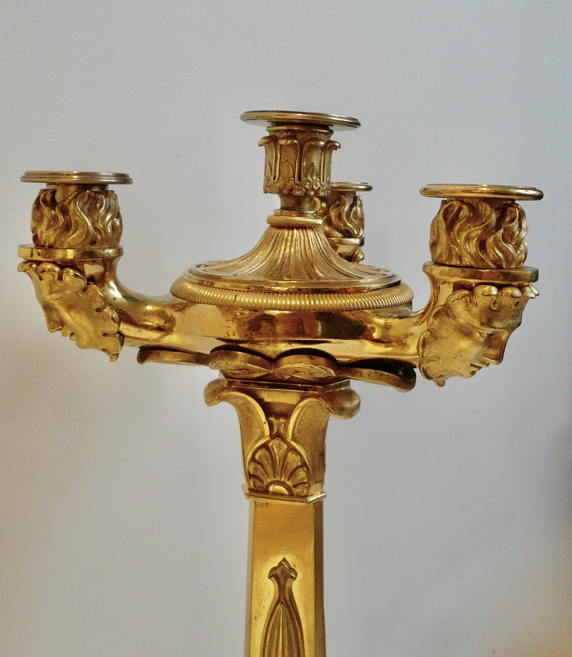Pair Early 19th Century French Empire Ormolu Four Light Candelabra For Sale 7