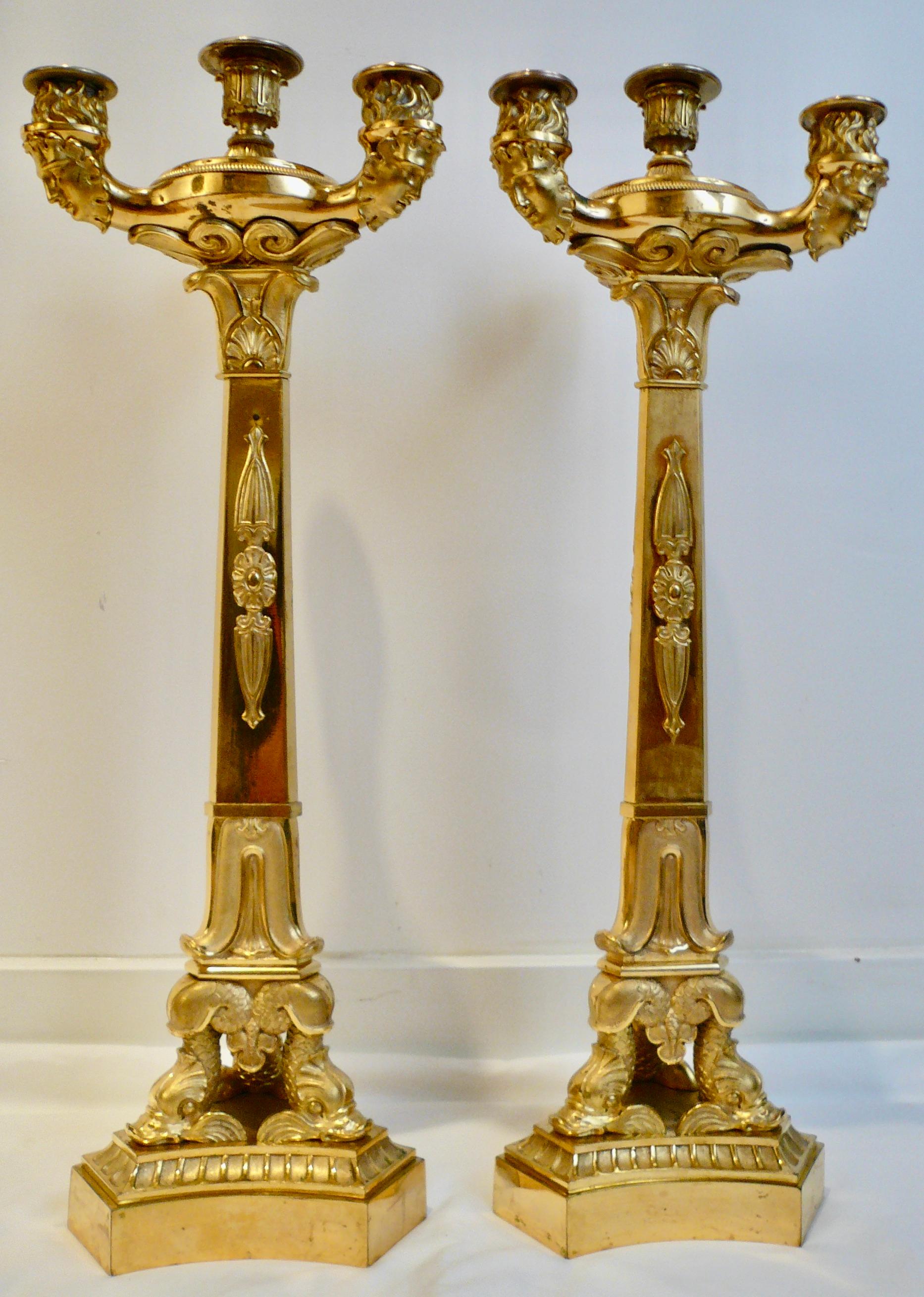 Gilt Pair Early 19th Century French Empire Ormolu Four Light Candelabra For Sale