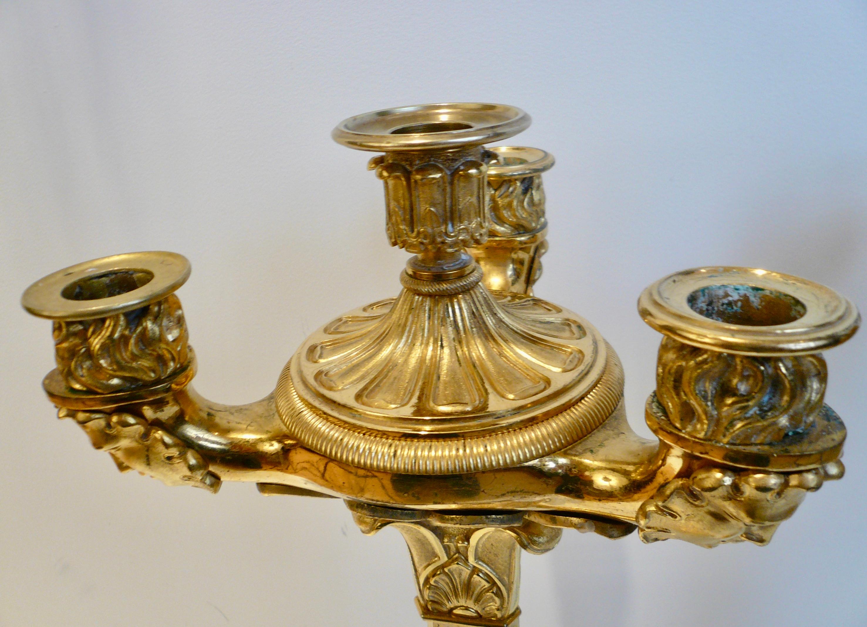 Pair Early 19th Century French Empire Ormolu Four Light Candelabra For Sale 4