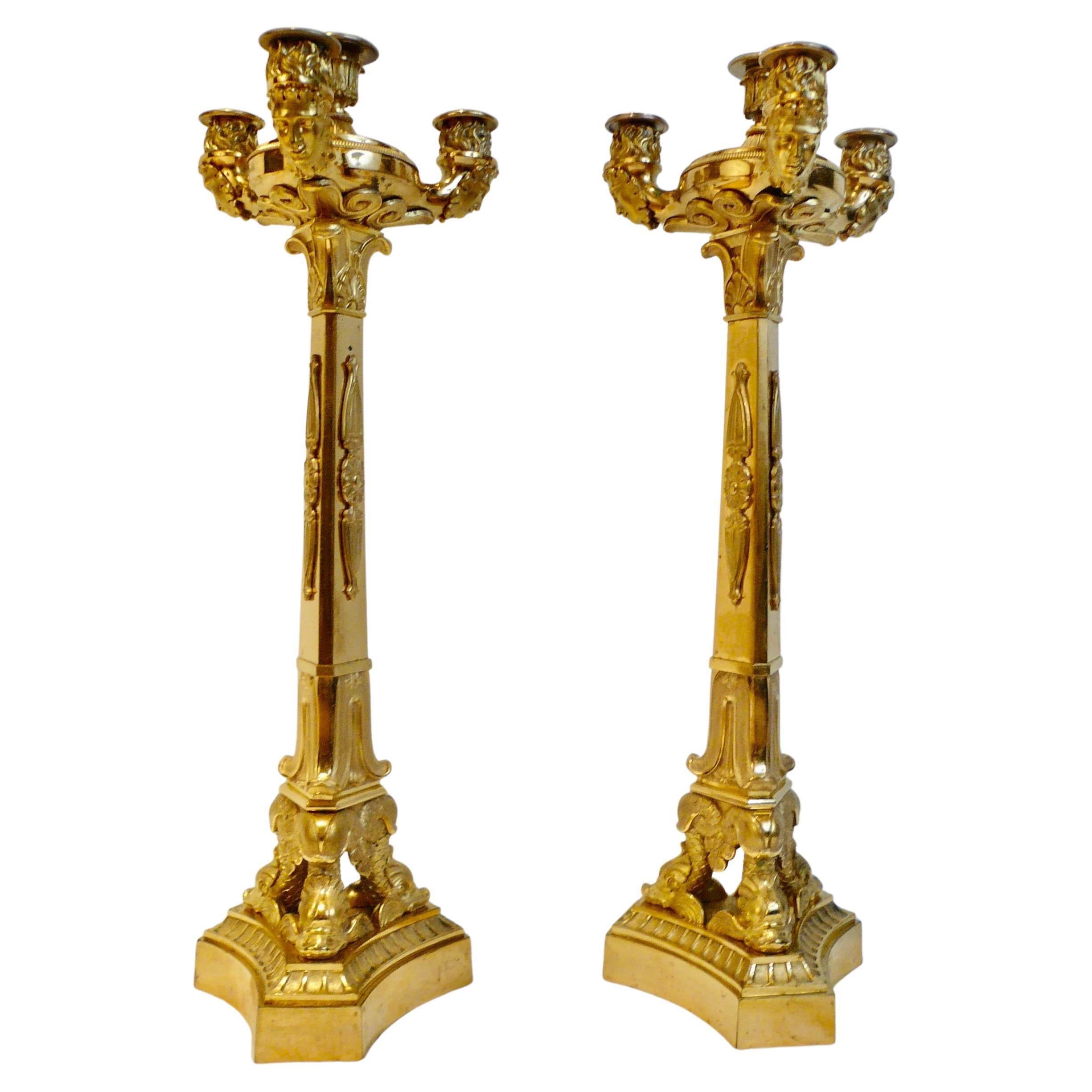 Pair Early 19th Century French Empire Ormolu Four Light Candelabra For Sale
