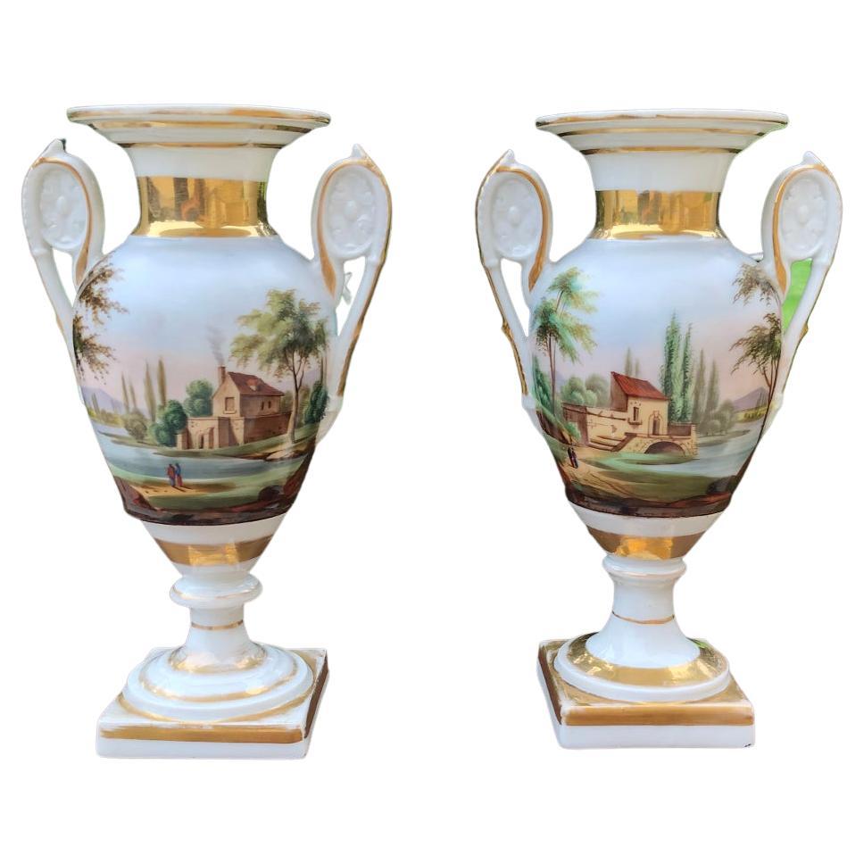 Pair Early 19th Century French Vieux Paris Hand-Painted Porcelain Vases