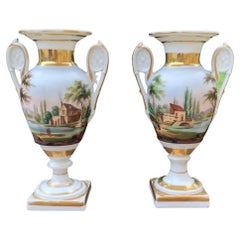 Antique Pair Early 19th Century French Vieux Paris Hand-Painted Porcelain Vases