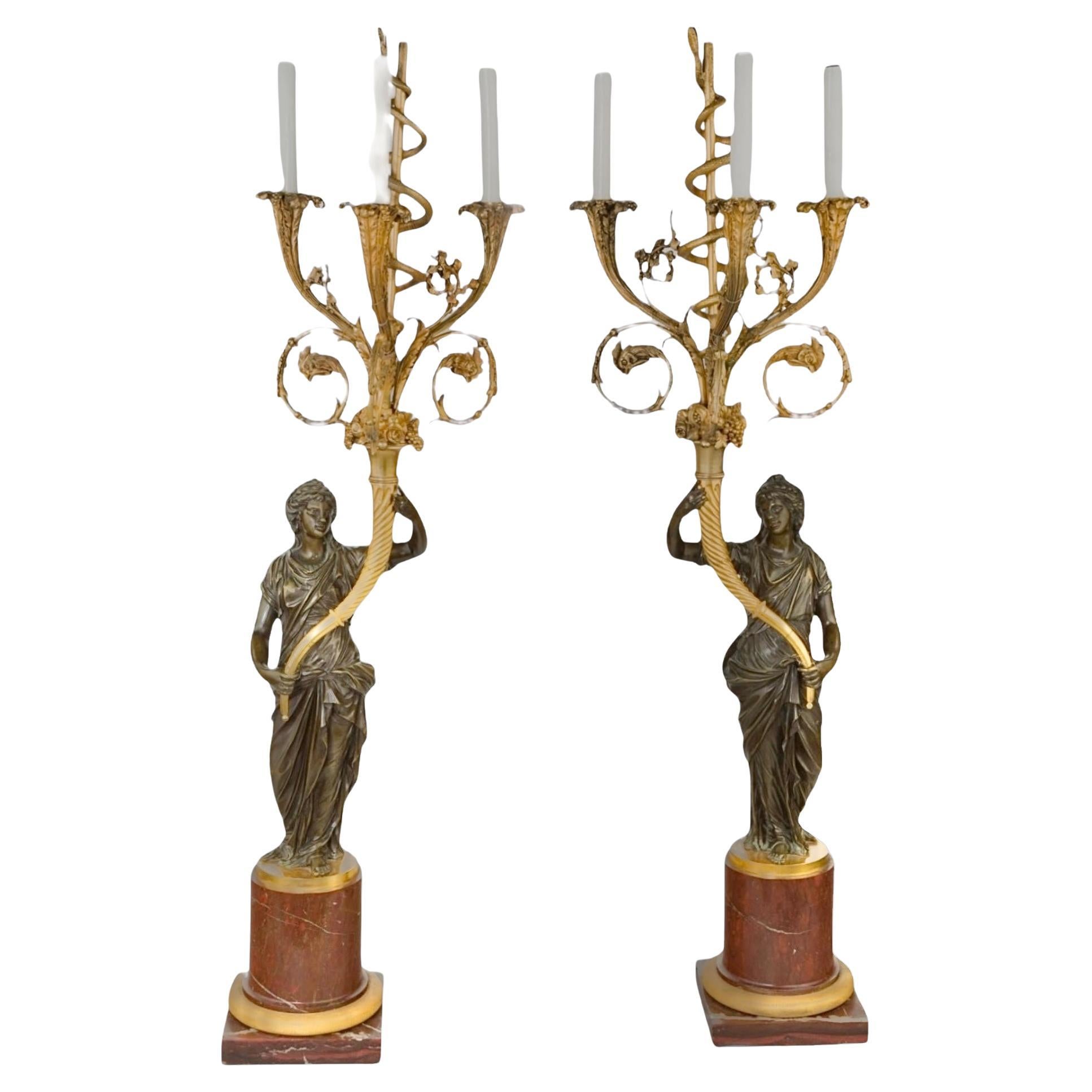 Coppia di lampade a candelabro in marmo e bronzo patinato dell'inizio del XIX secolo in vendita