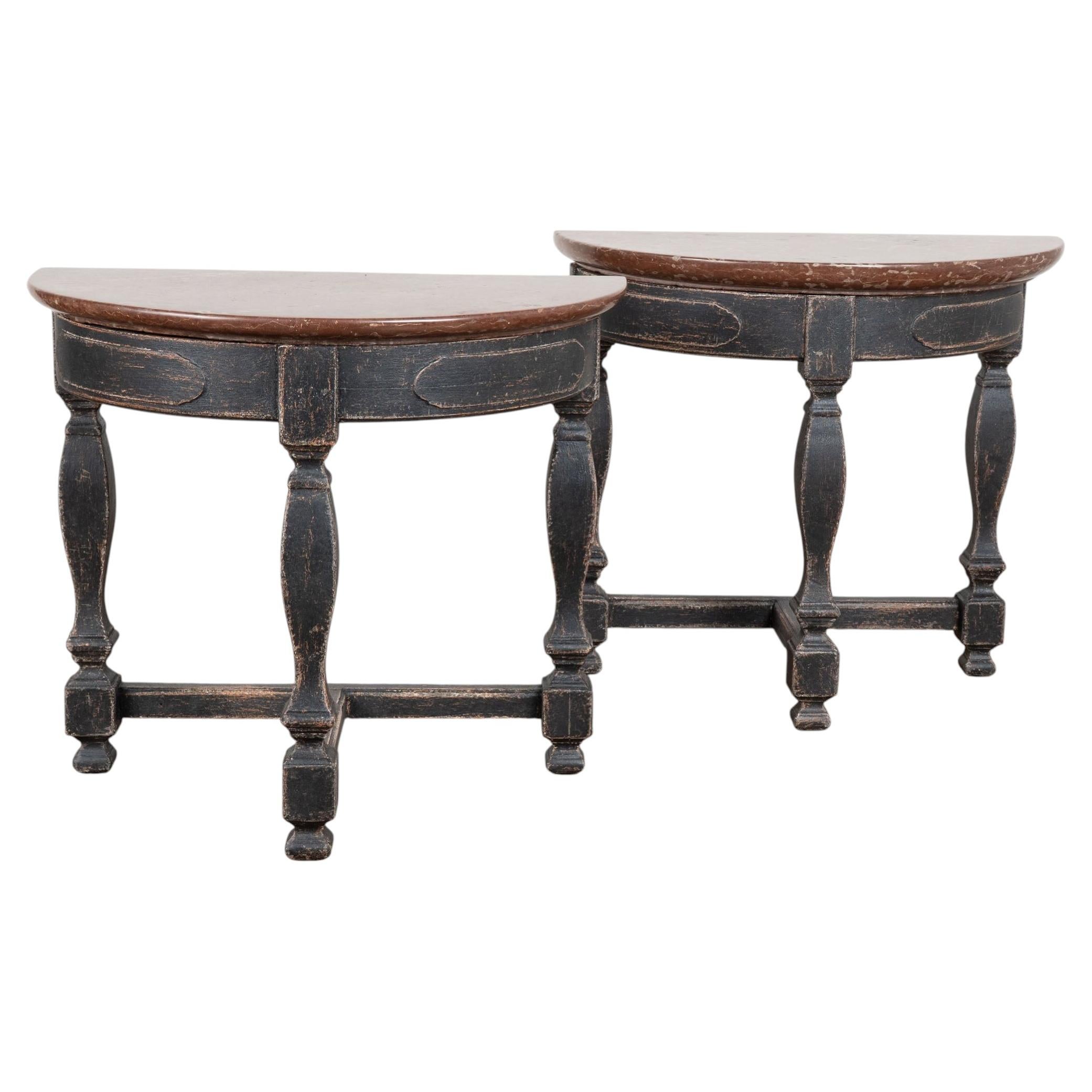 Pair Early 19th Century Swedish Baroque Stone Top Demilune Console Tables