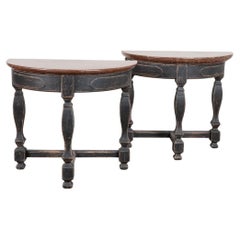 Pair Early 19th Century Swedish Baroque Stone Top Demilune Console Tables