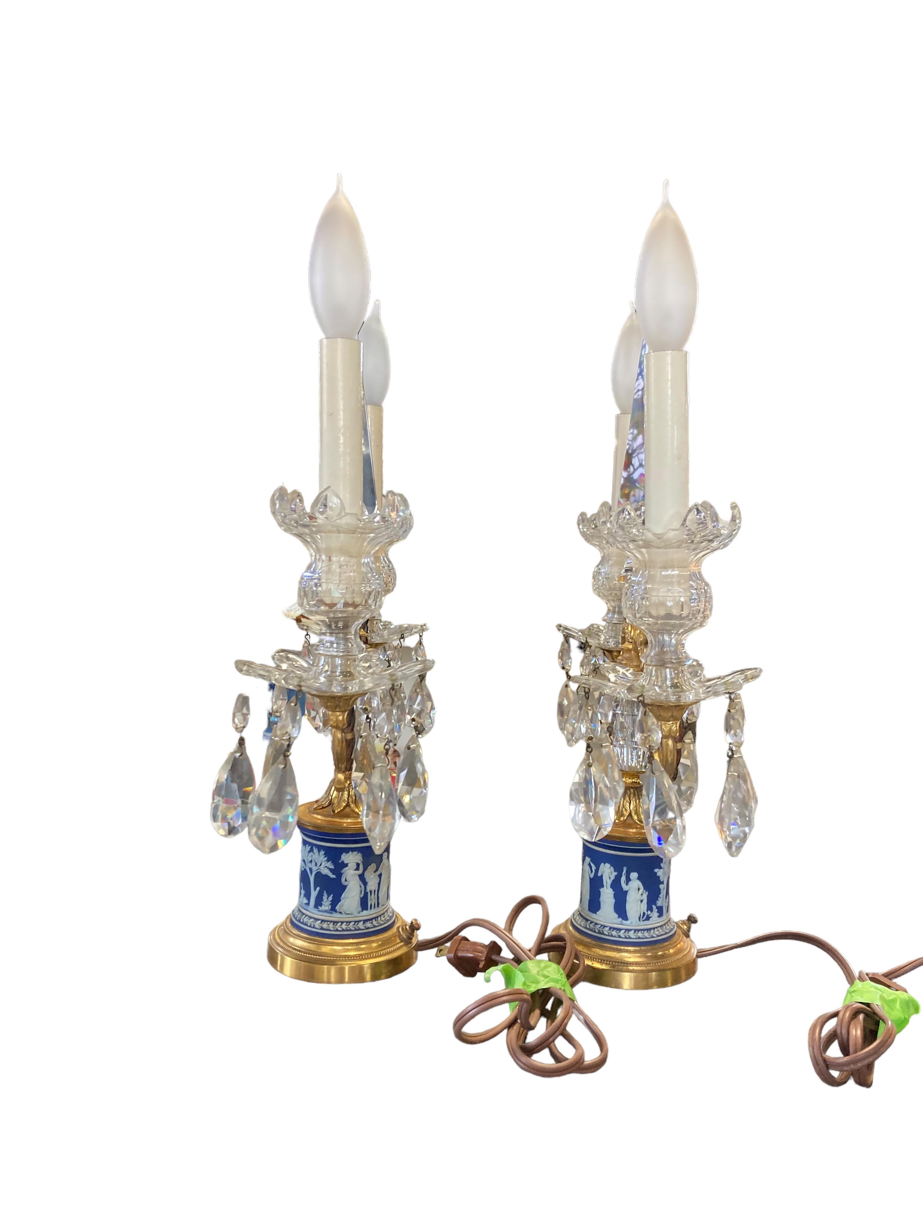 English Pair Early 19th Century Wedgwood Brass Crystal Candelabras
