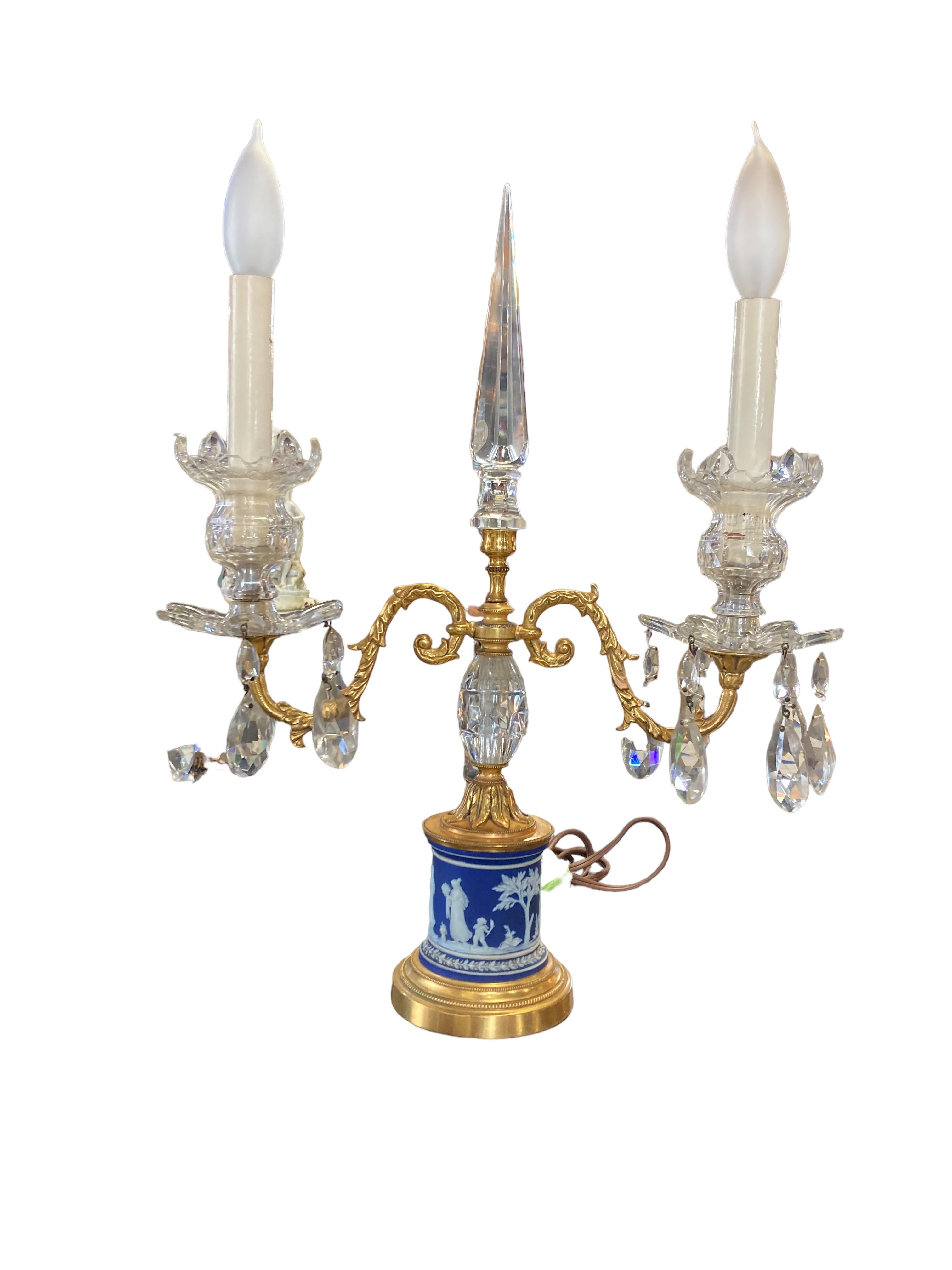 Pair Early 19th Century Wedgwood Brass Crystal Candelabras In Good Condition In San Diego, CA