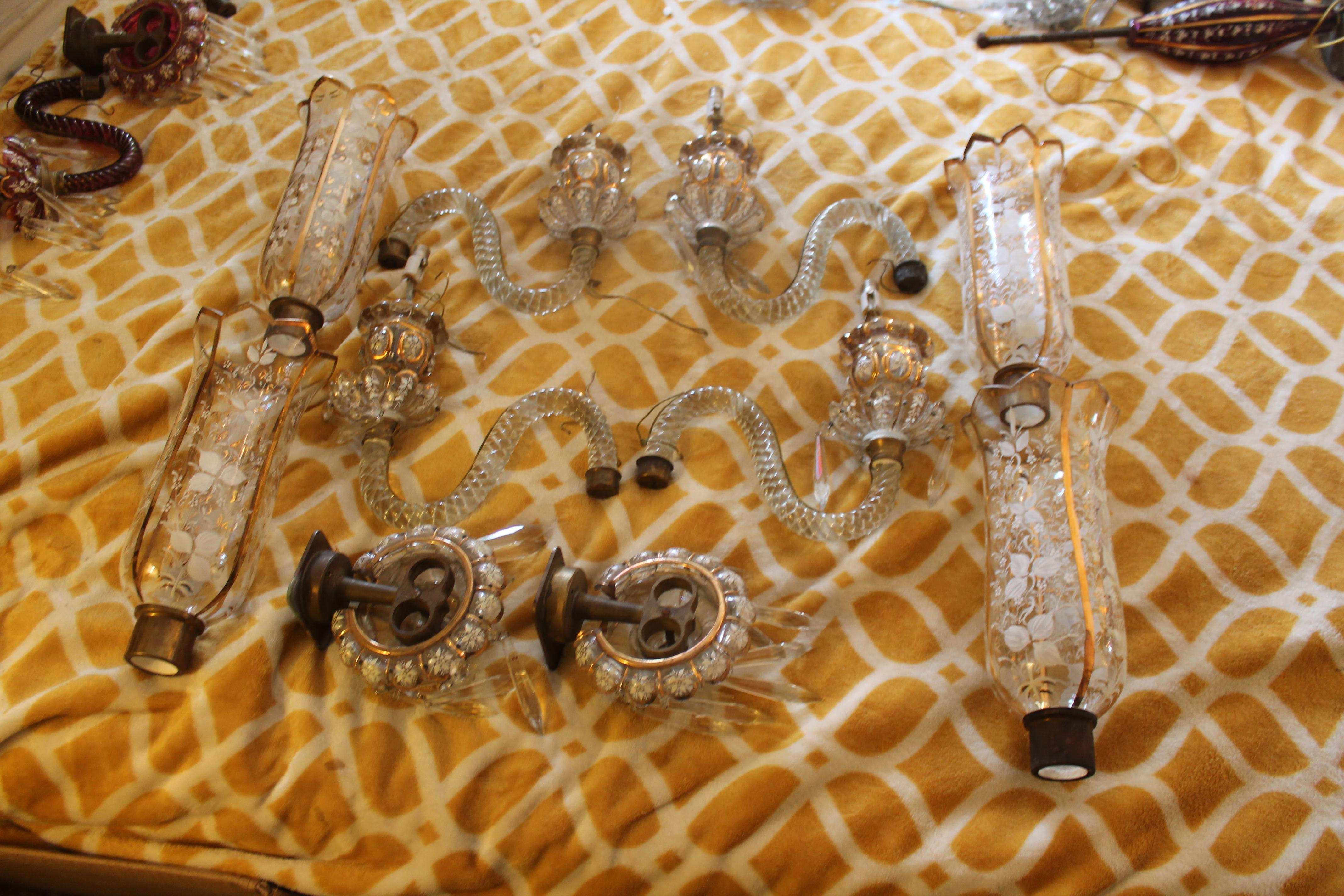 Baroque Pair Early 19thc French Antique Crystal Hurricane Shade Sconces attrib. Baccarat For Sale