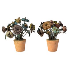 Pair Early 20 Century French Metal Tole Flowers in Terracotta Pots