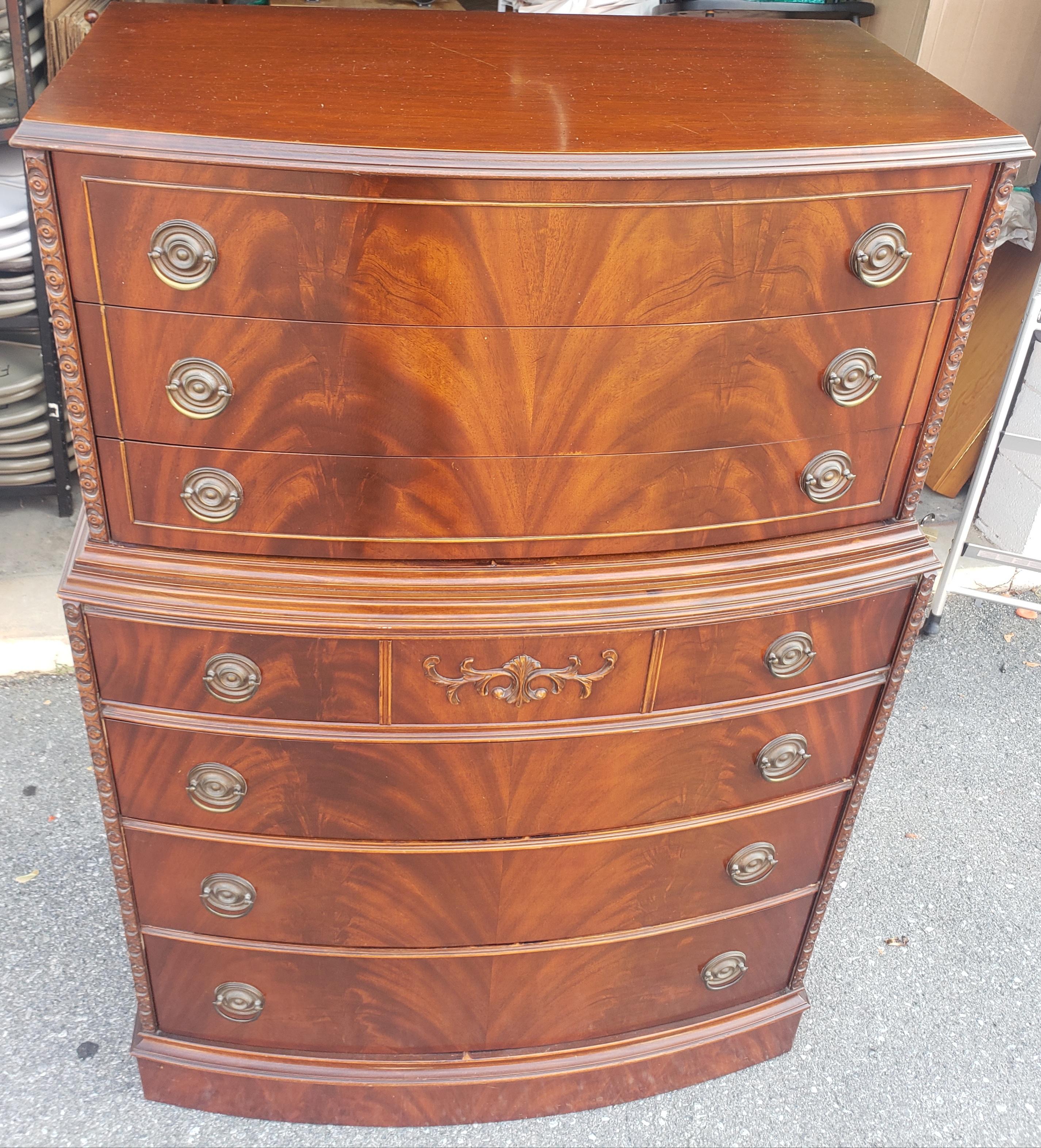 Pair Early 20th C. American Empire BowFront Flame Mahogany Bedside Cabinet Table For Sale 6