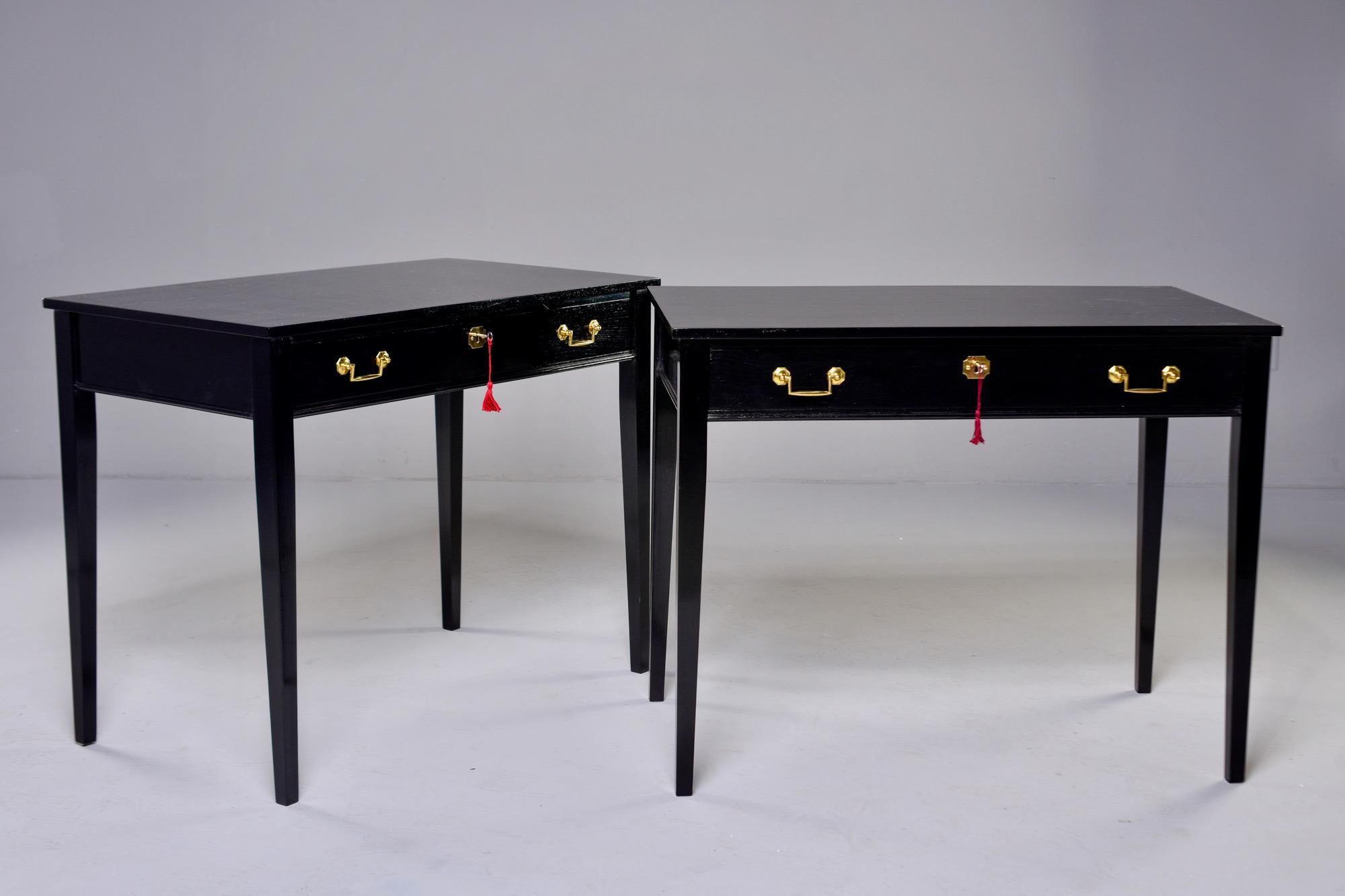 Brass Pair Early 20th C English Ebonised Side Desks with Drawers