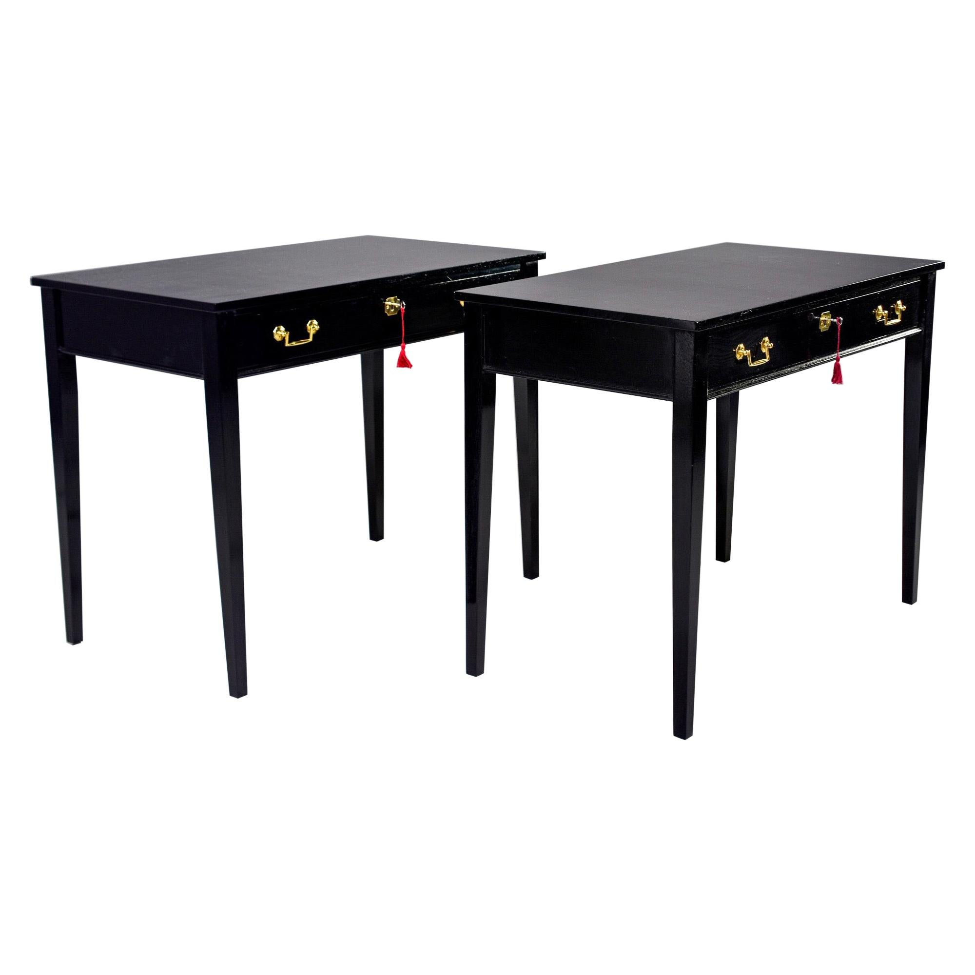 Pair Early 20th C English Ebonised Side Desks with Drawers