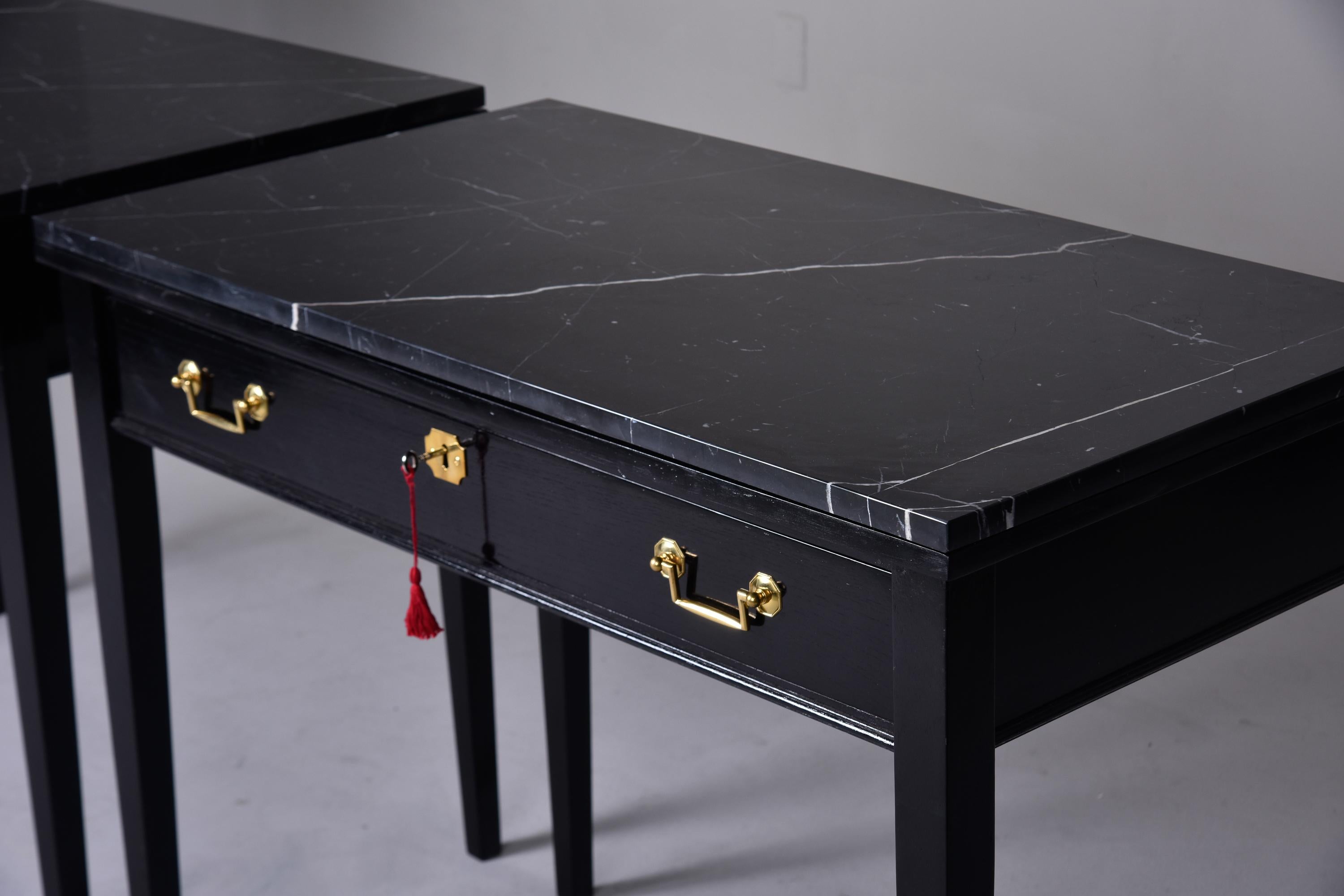 Pair Early 20th C English Ebonised Side Desks with Marble Tops For Sale 5