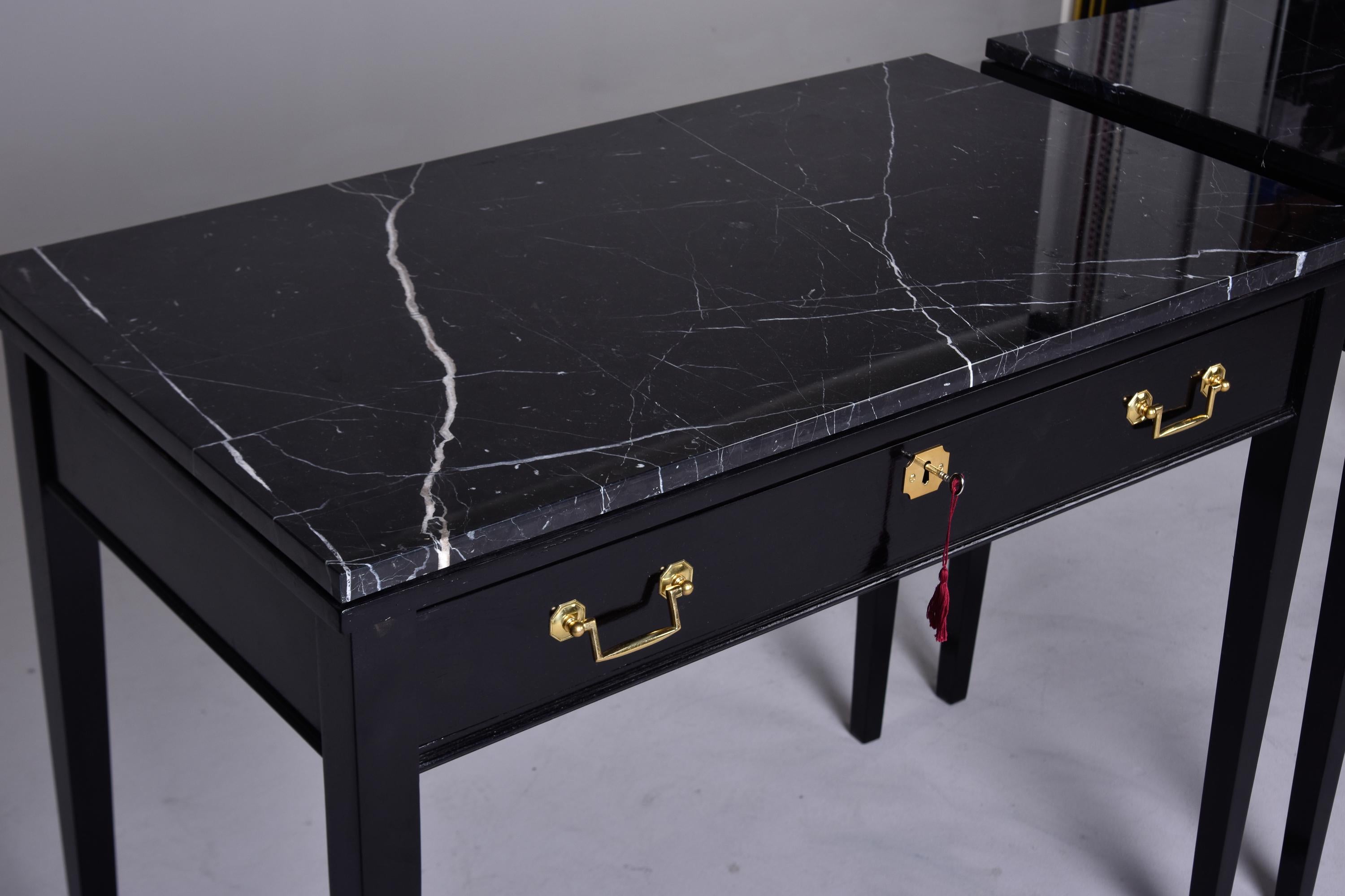 Pair Early 20th C English Ebonised Side Desks with Marble Tops For Sale 6