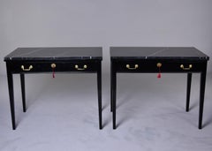 Pair Early 20th C English Ebonised Side Desks with Marble Tops