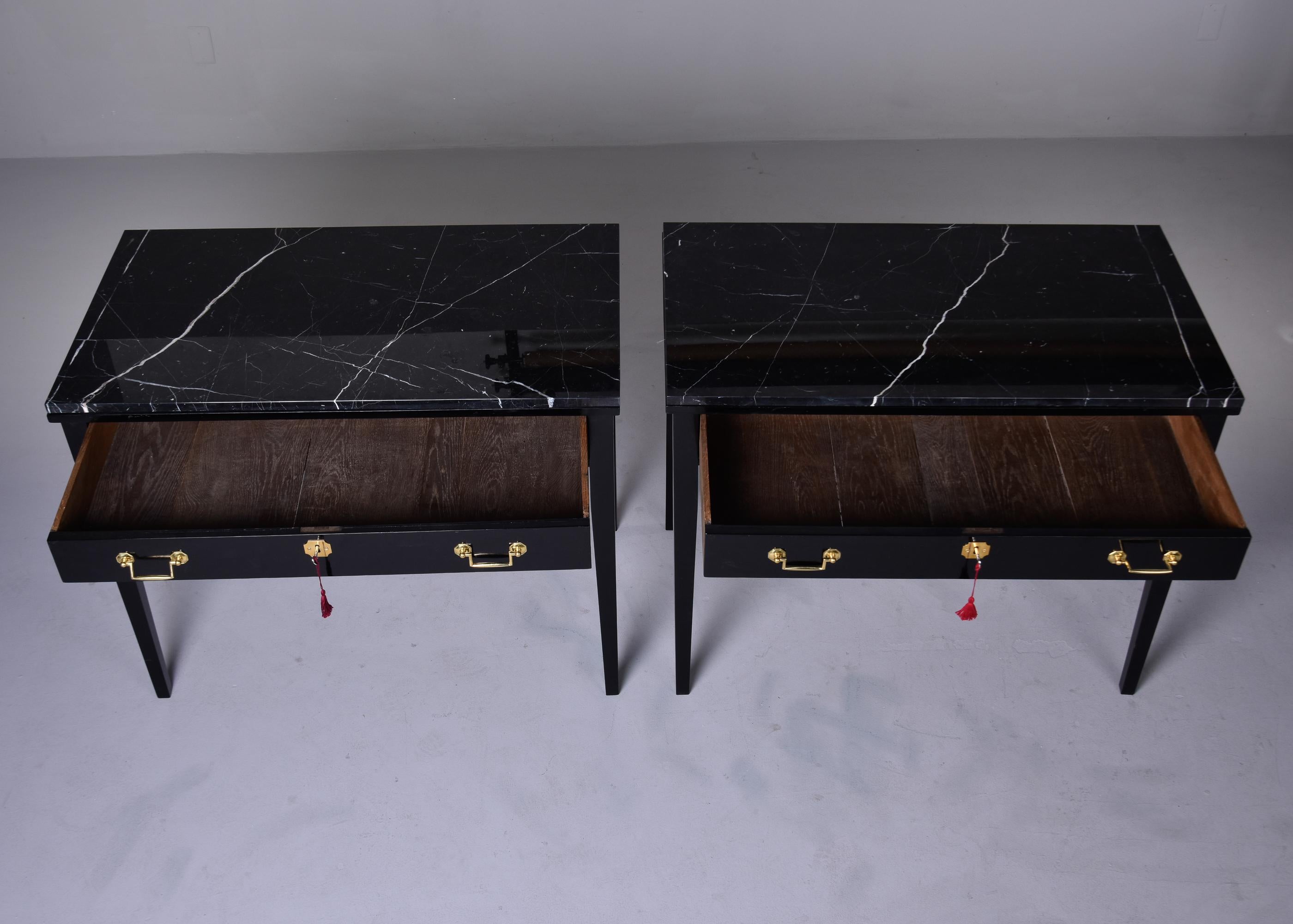 Ebonized Pair Early 20th C English Ebonised Side Desks with Marble Tops For Sale