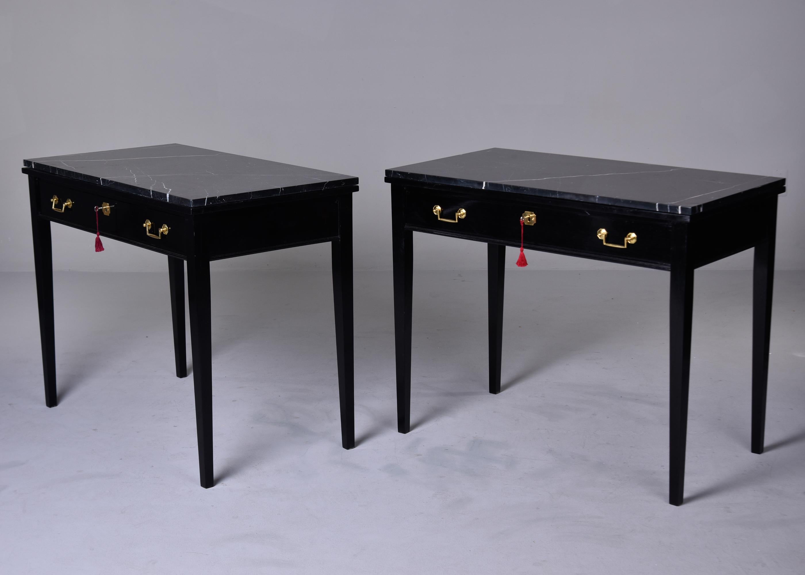 Pair Early 20th C English Ebonised Side Desks with Marble Tops In Good Condition For Sale In Troy, MI