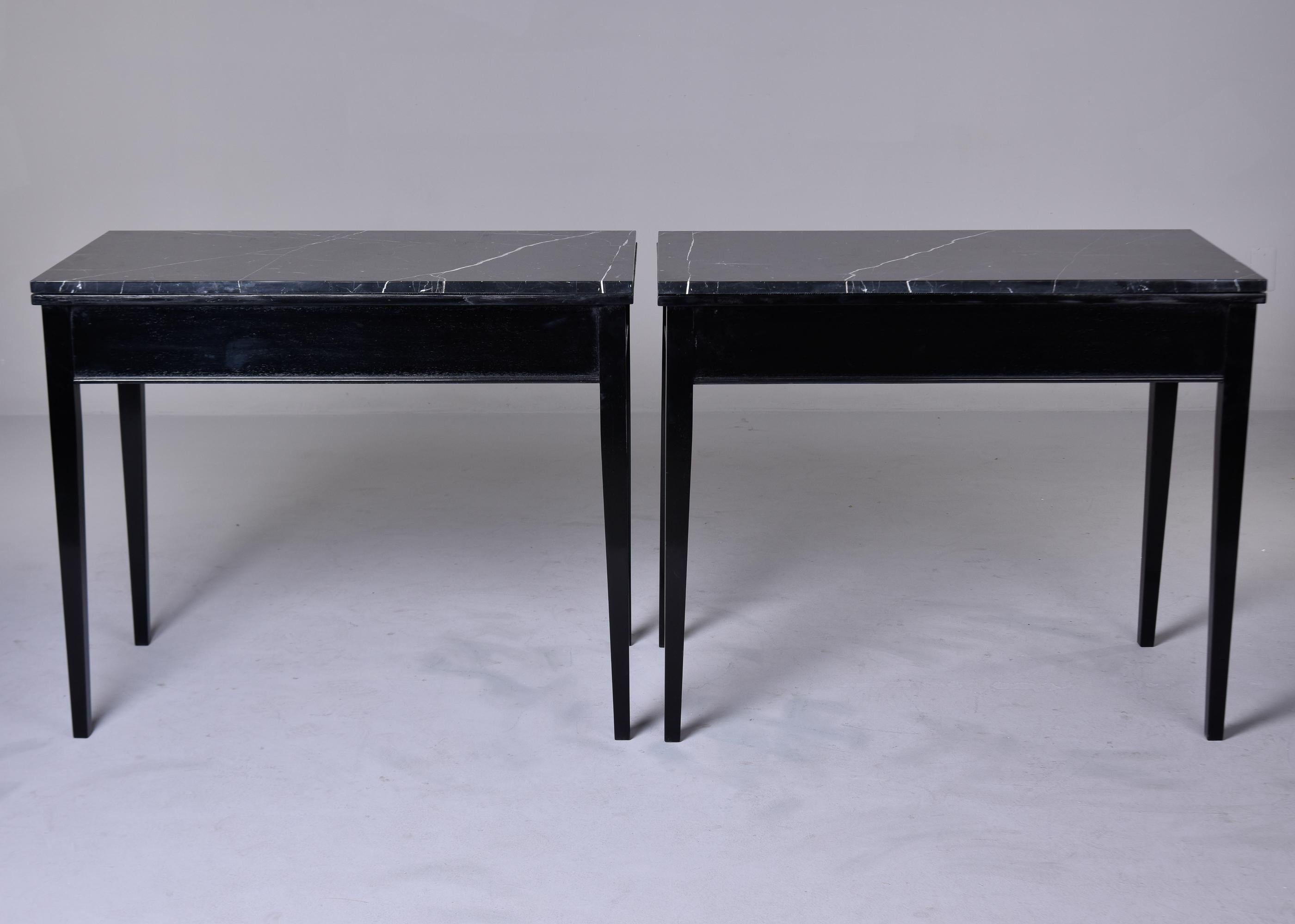 20th Century Pair Early 20th C English Ebonised Side Desks with Marble Tops For Sale